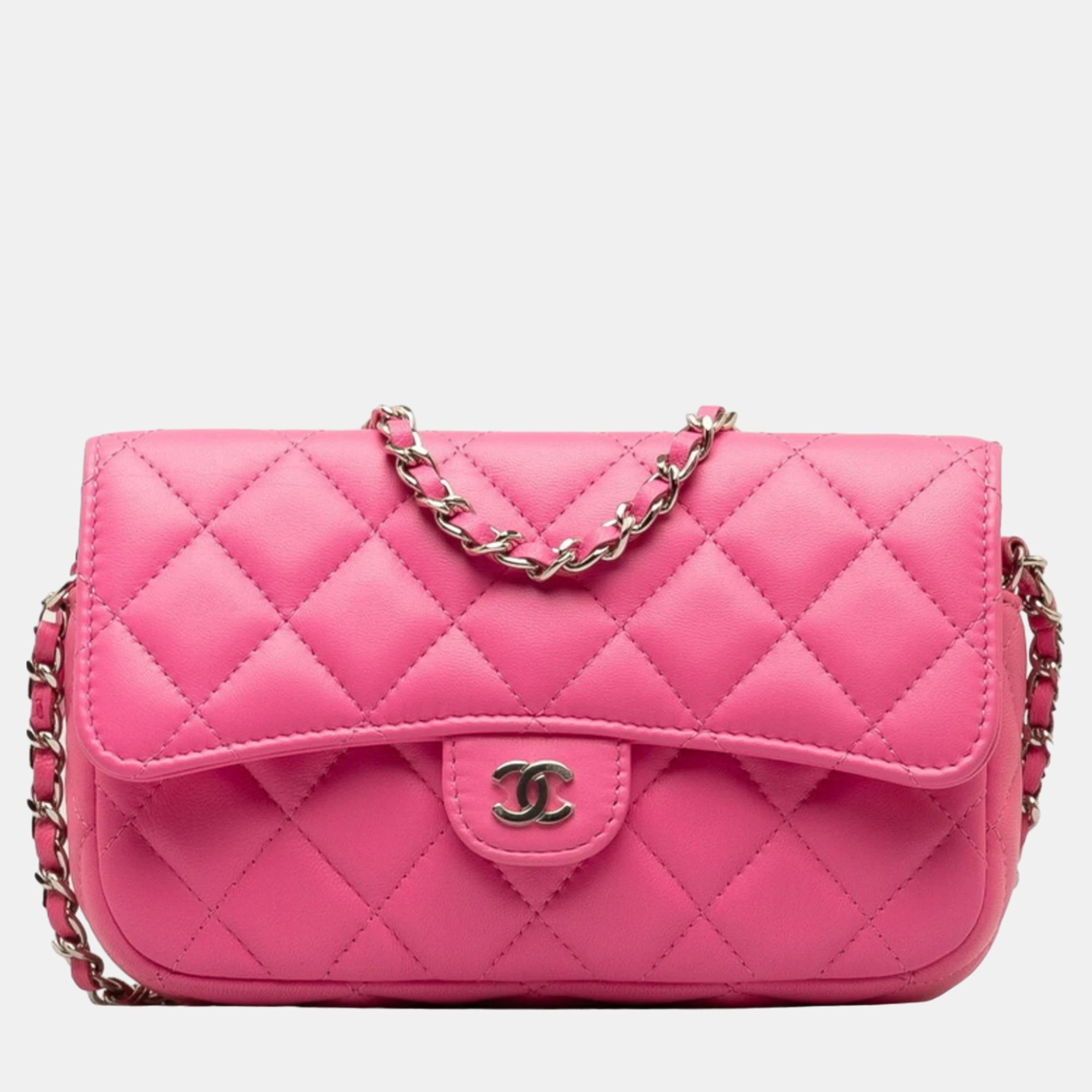 Chanel pink leather phone flap clutch on chain