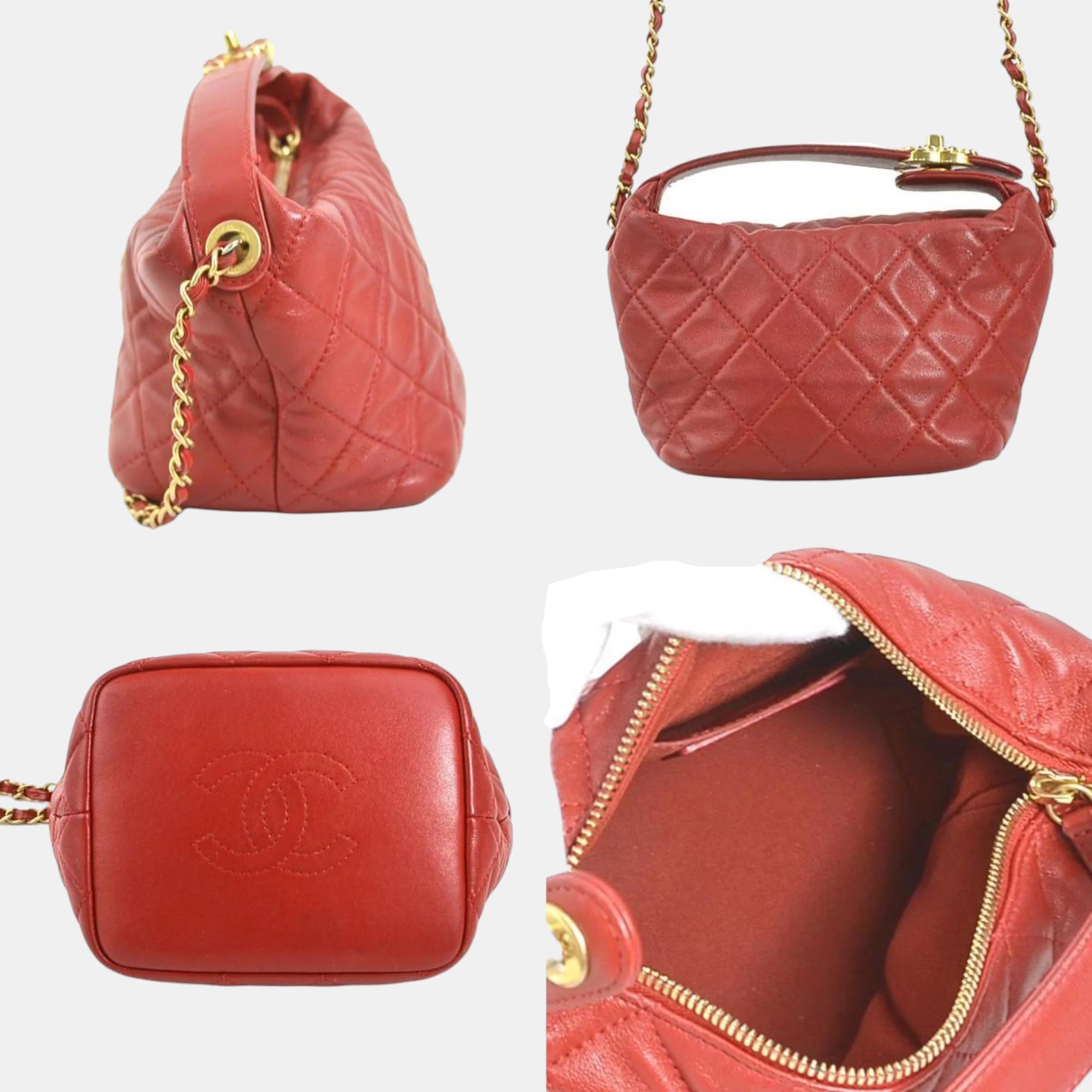 Chanel Red Leather CC Hobo Bag