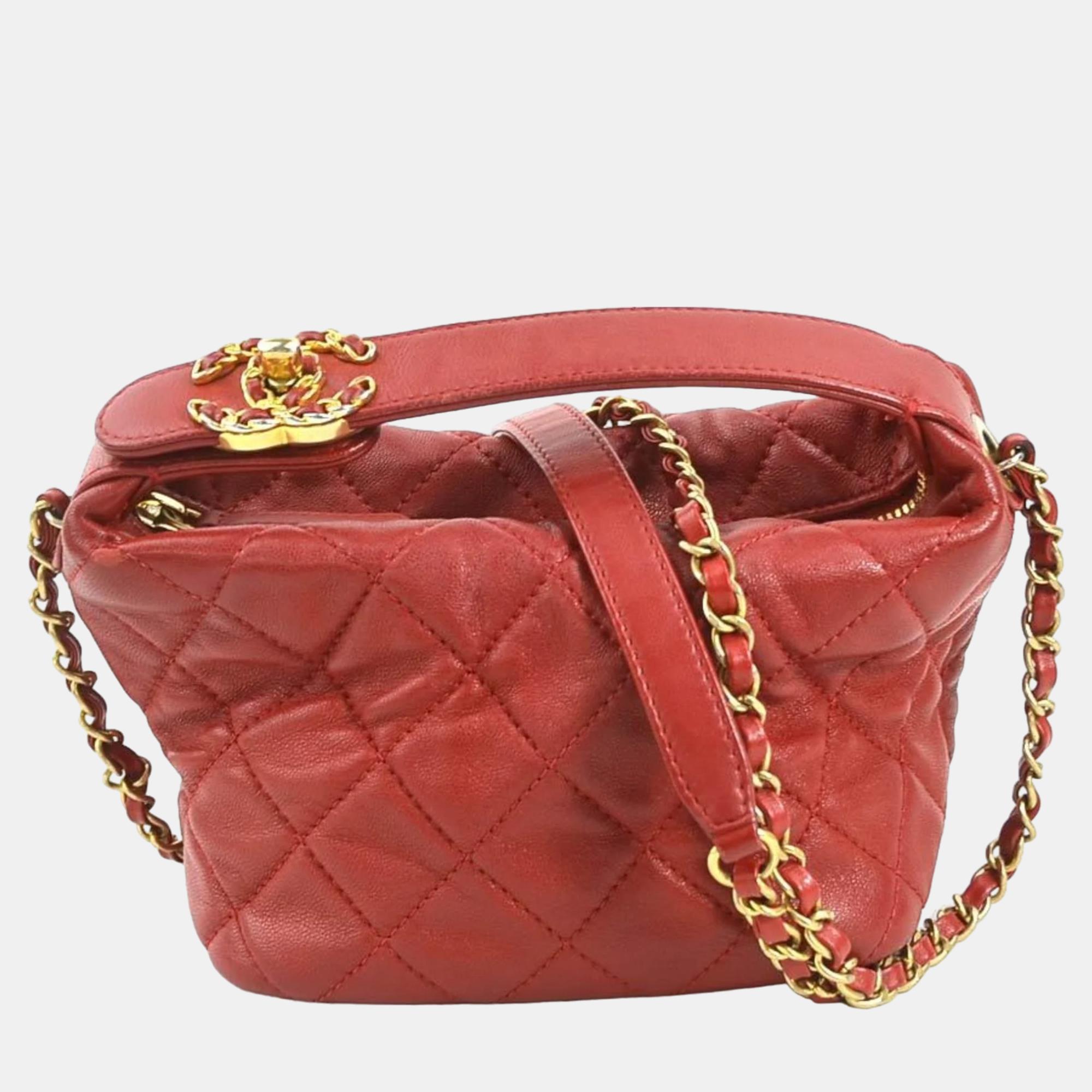 Chanel red leather cc hobo bag