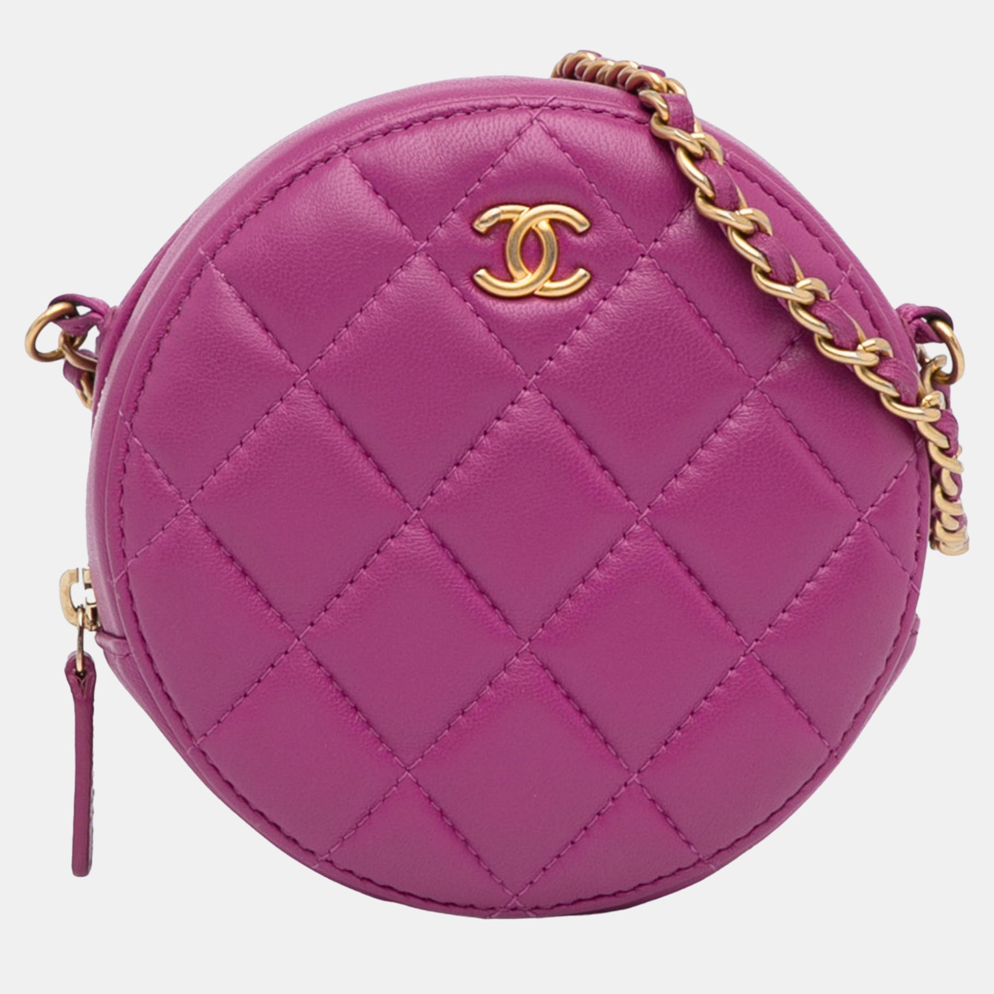 Chanel purple lambskin pearl crush round clutch with chain