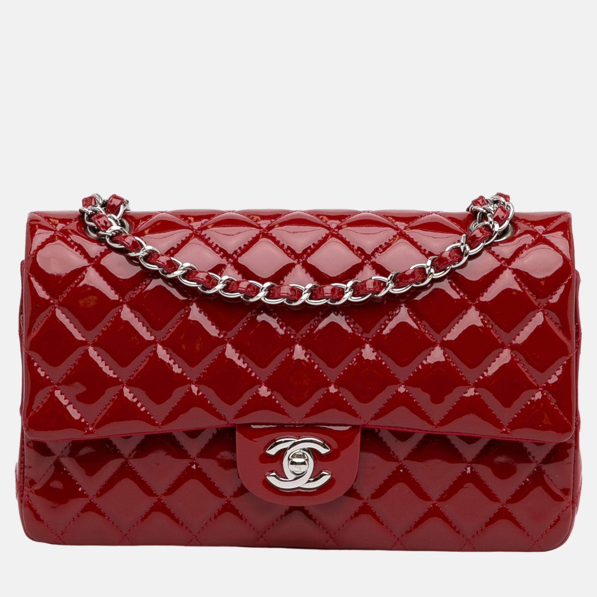 Chanel red medium classic patent double flap