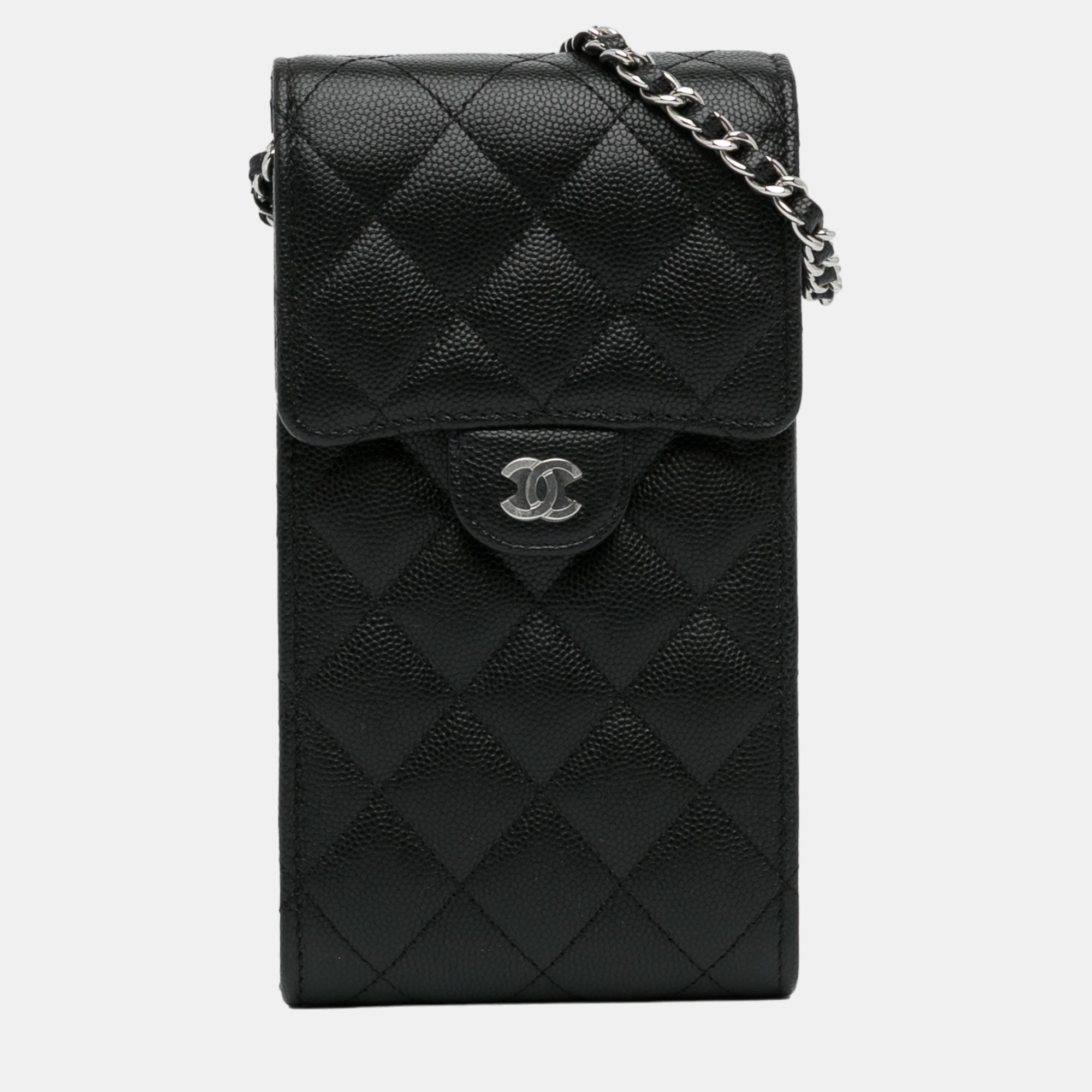 Chanel black quilted caviar phone holder with chain