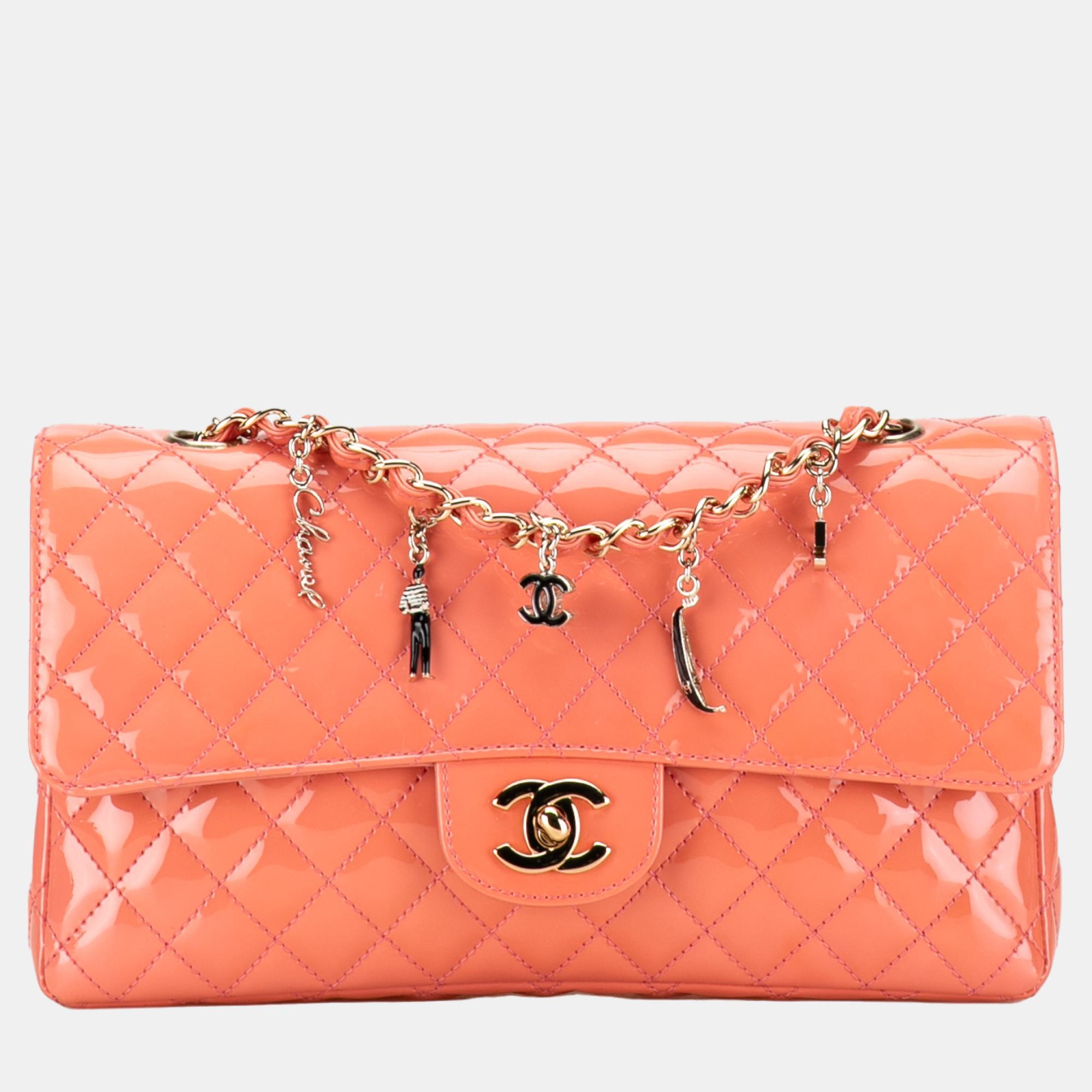 Chanel pink limited edition ginza 5th anniversary medium classic patent lucky charms single flap