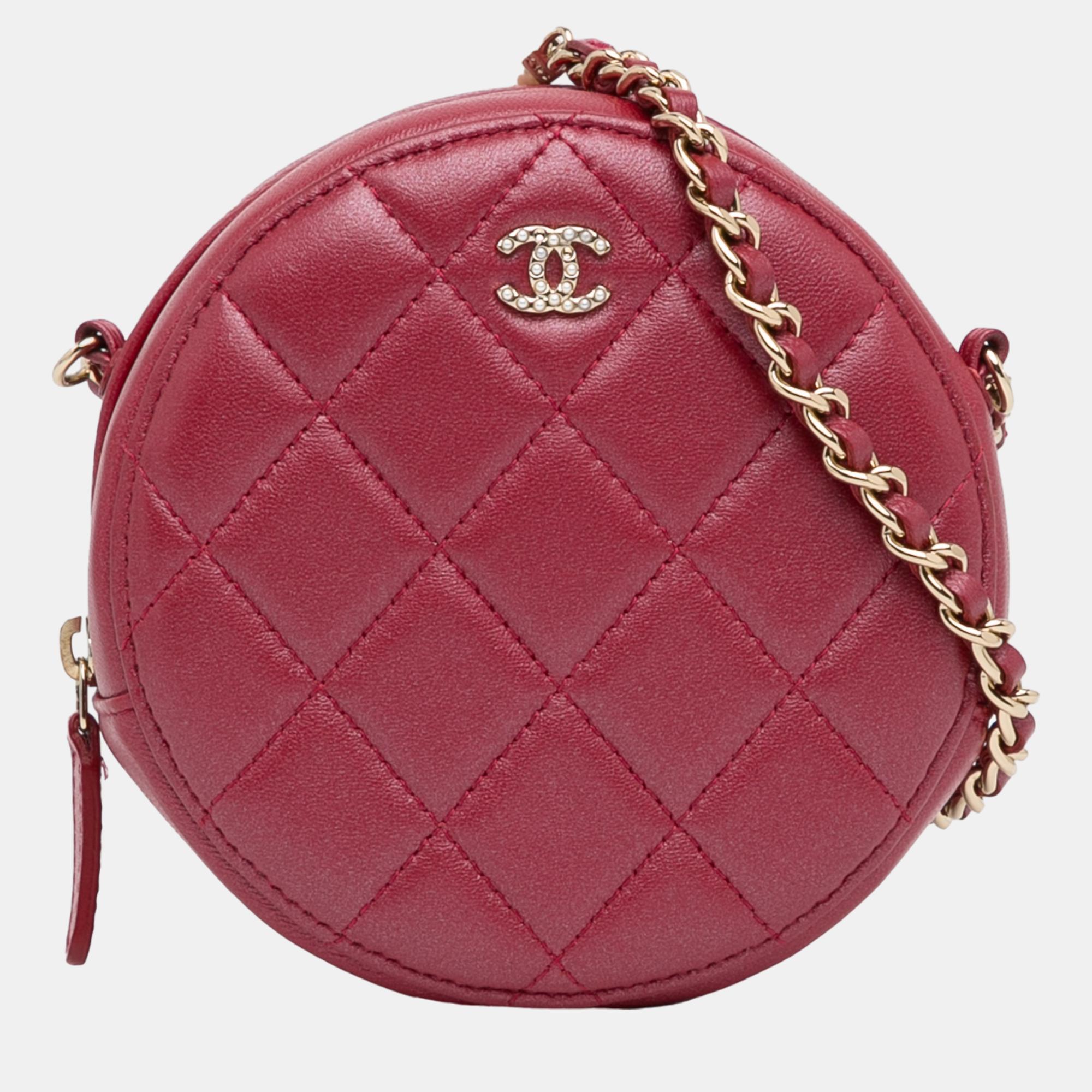Chanel red quilted lambskin round pearl clutch with chain