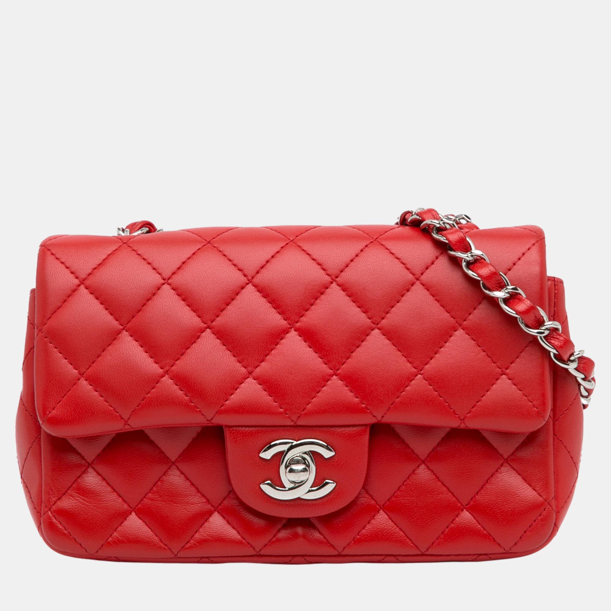 Chanel red mini rectangular classic lambskin single flap
