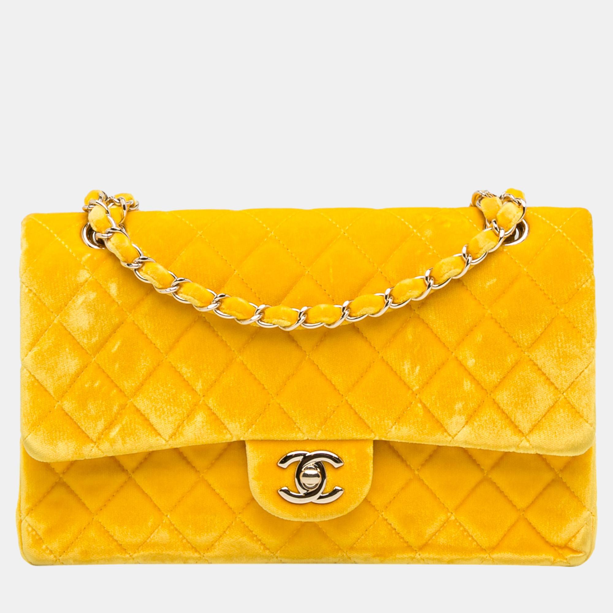Chanel yellow medium classic velvet double flap