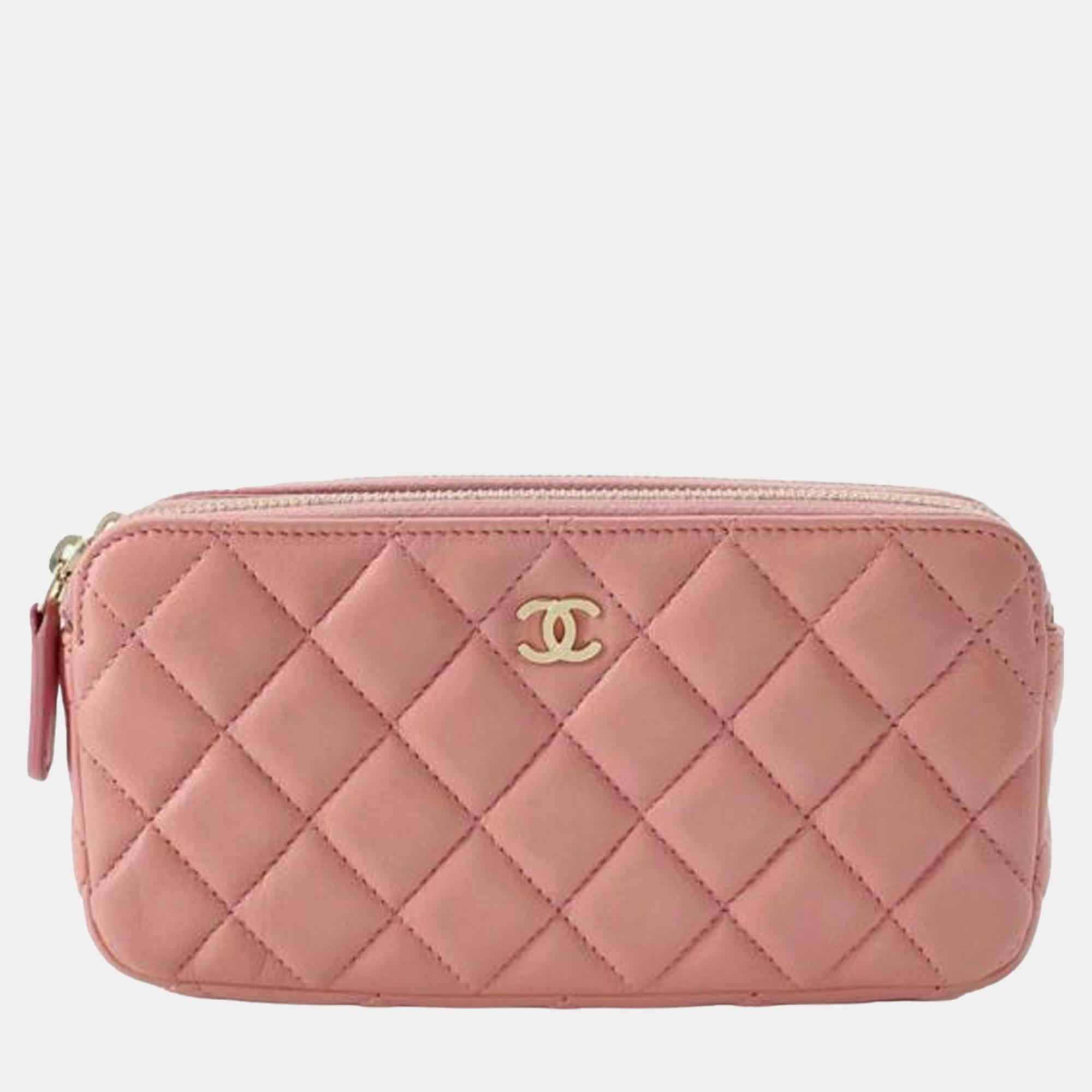 Chanel pink cc lambskin double zip wallet on chain