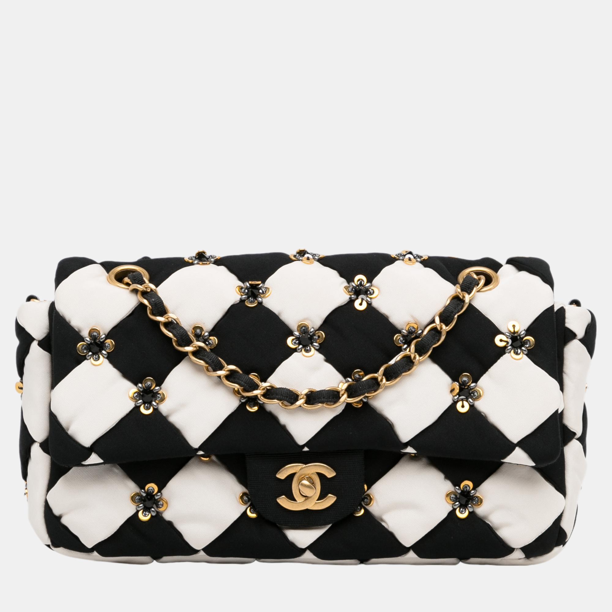 Chanel black/white medium satin m&eacute;tiers d&rsquo;art checkered embellished flap