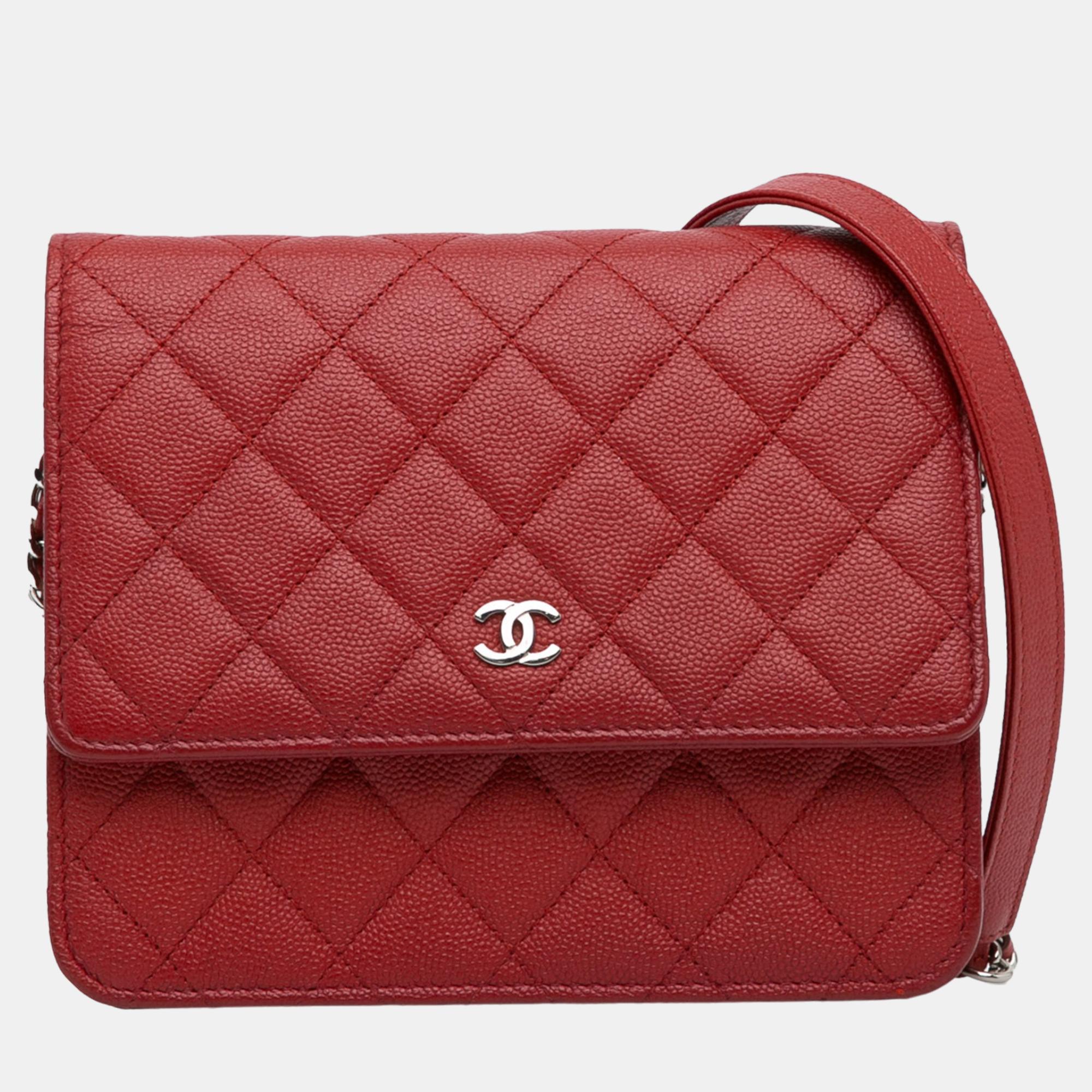 Chanel red mini square caviar wallet on chain