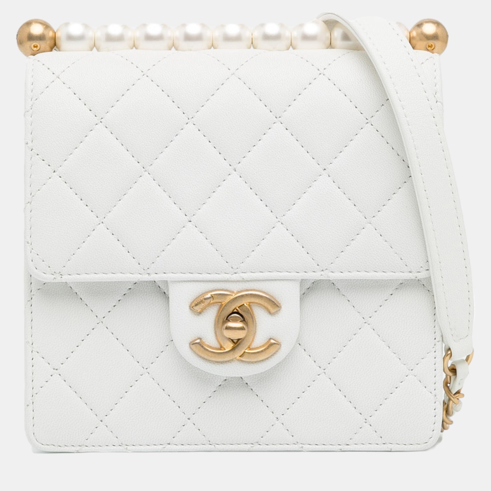 Chanel white small lambskin chic pearls flap