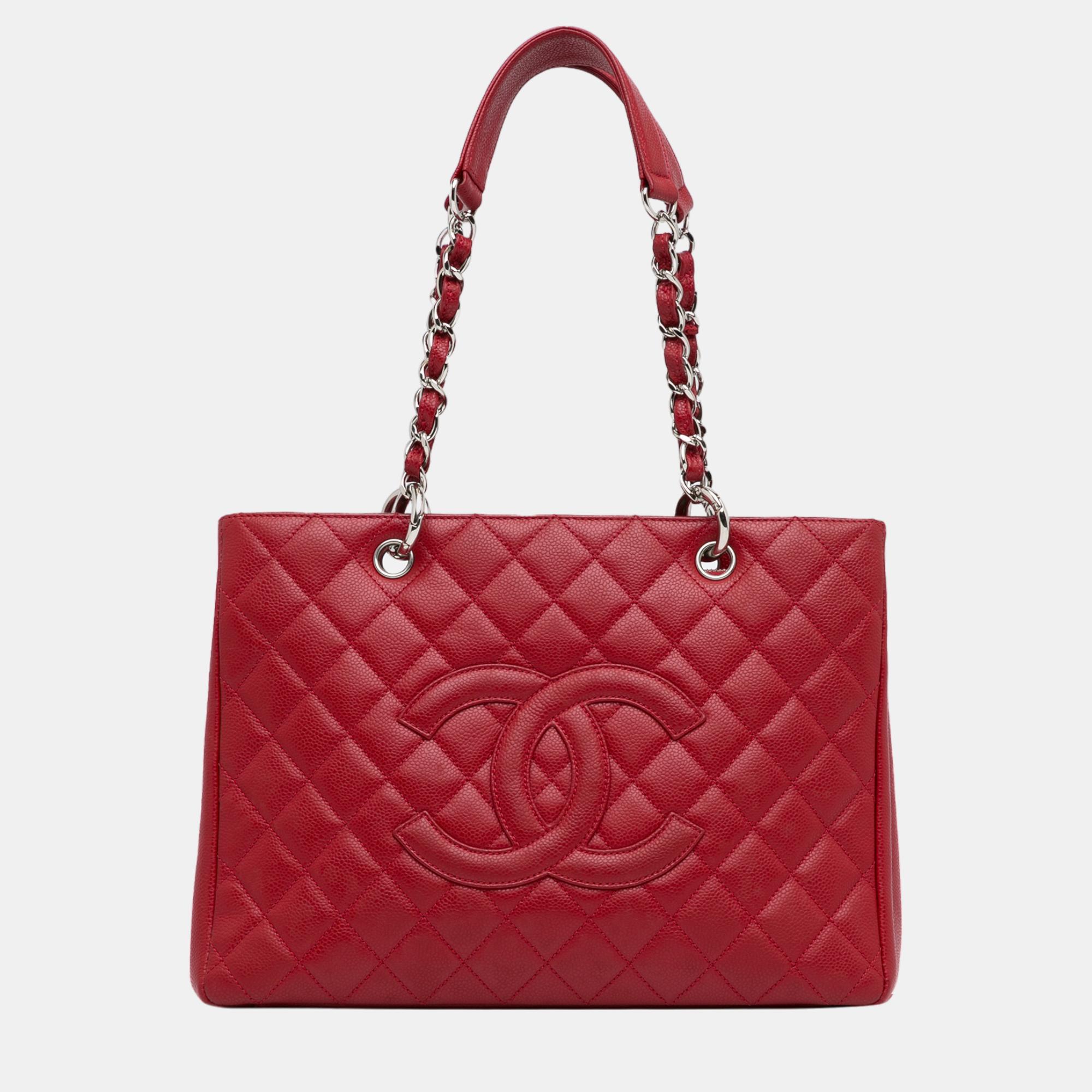 Chanel red caviar grand shopping tote