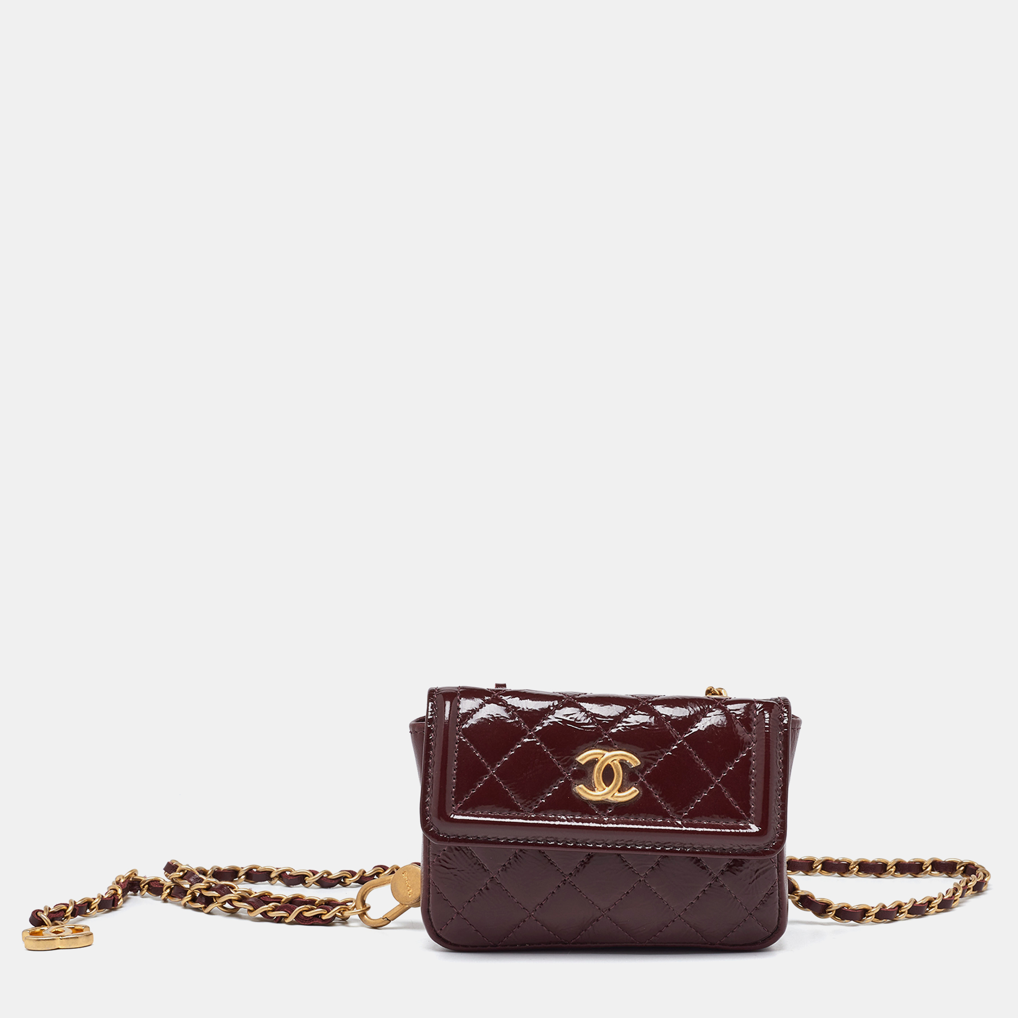 Chanel red quilted patent leather cc mini chain belt bag