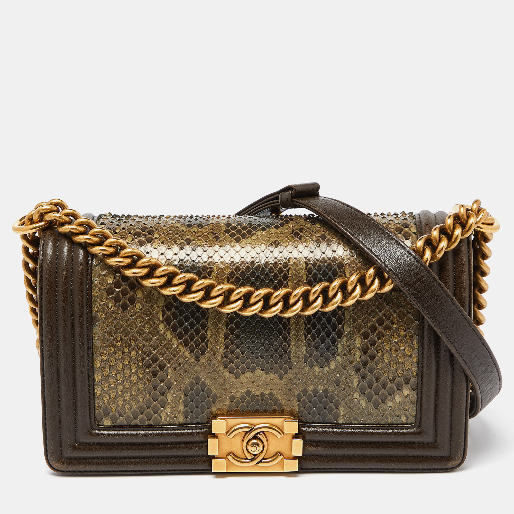 Chanel olive green python and leather medium boy flap bag