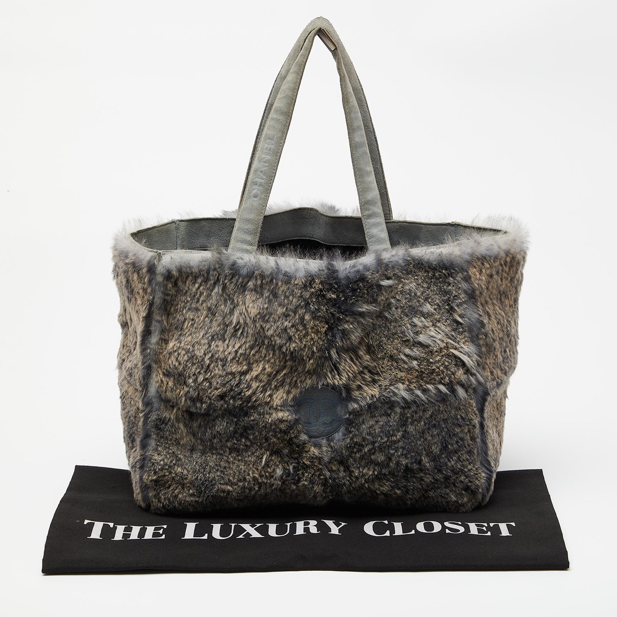 Chanel Grey/Green Rabbit Fur And Suede Vintage Tote