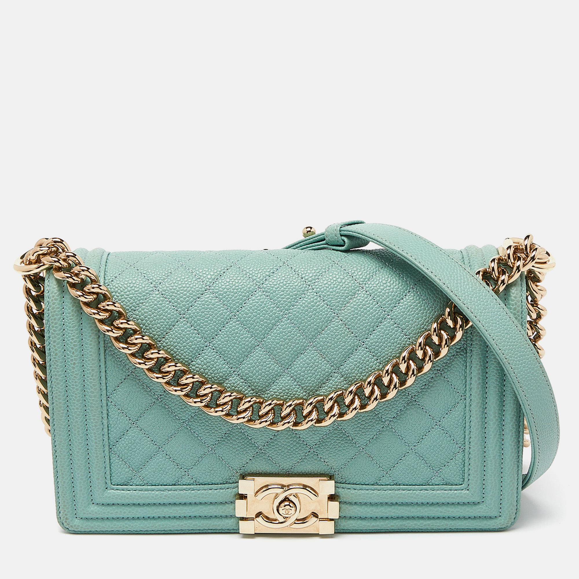 Chanel green quilted caviar leather medium boy flap bag