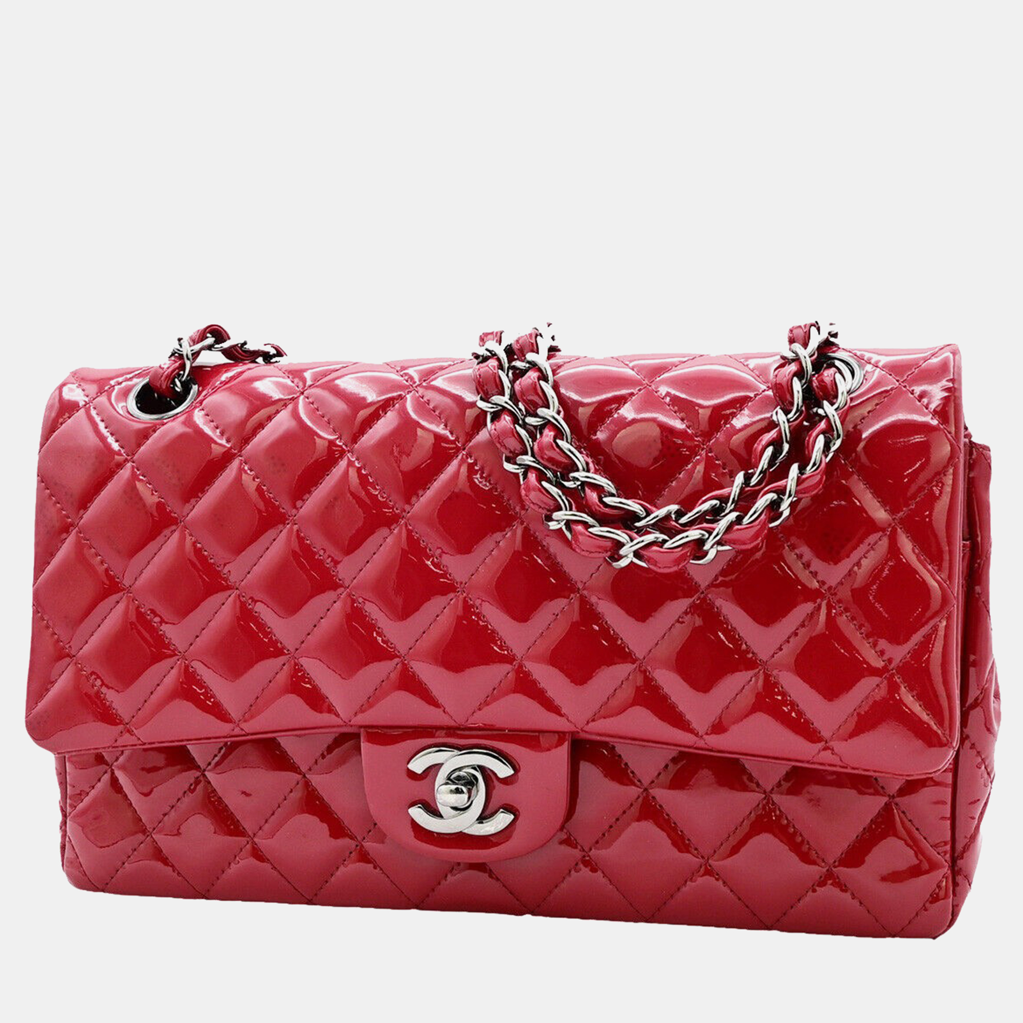 Chanel red patent leather medium classic double flap shoulder bags