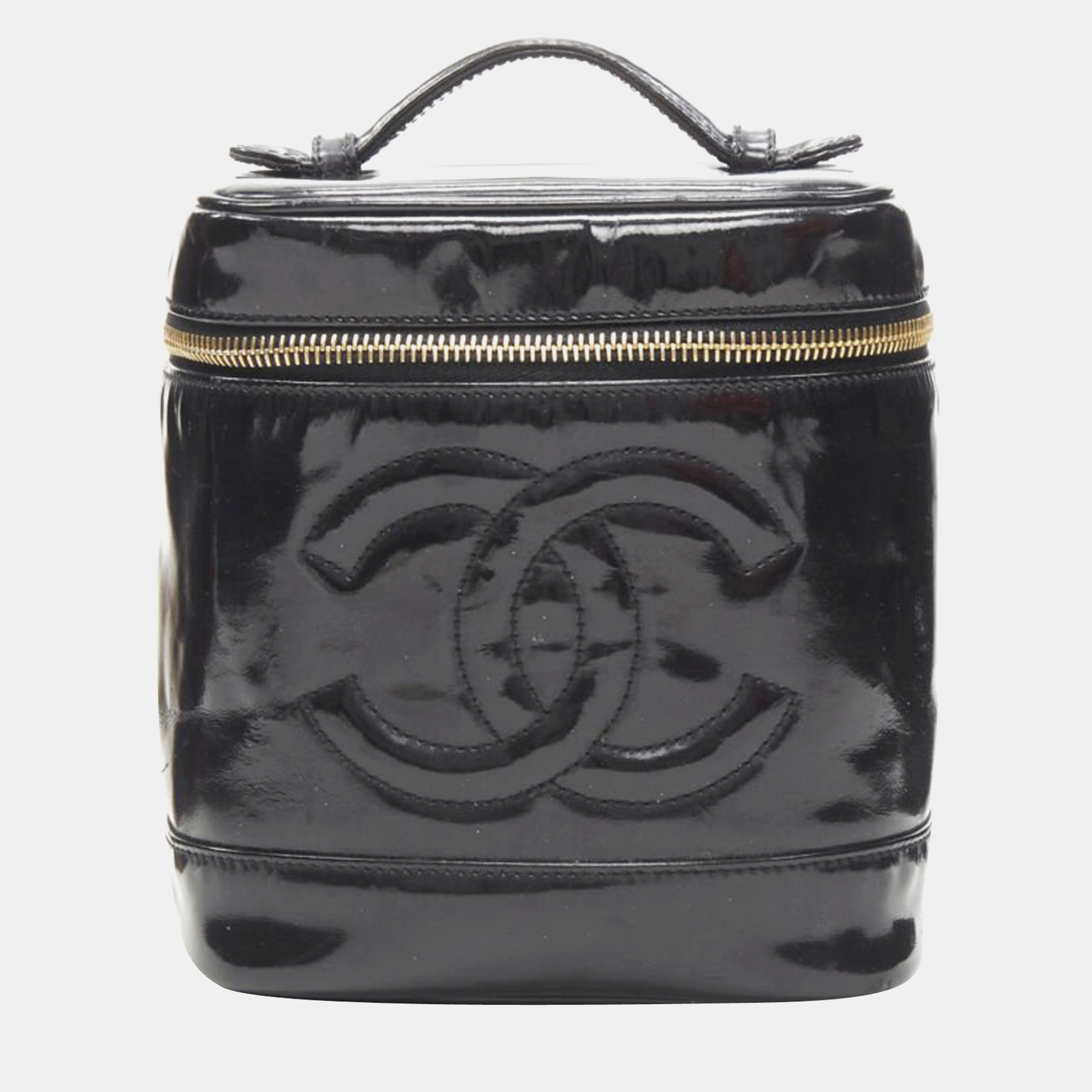 Chanel vintage black patent leather cc logo top handle vanity bag