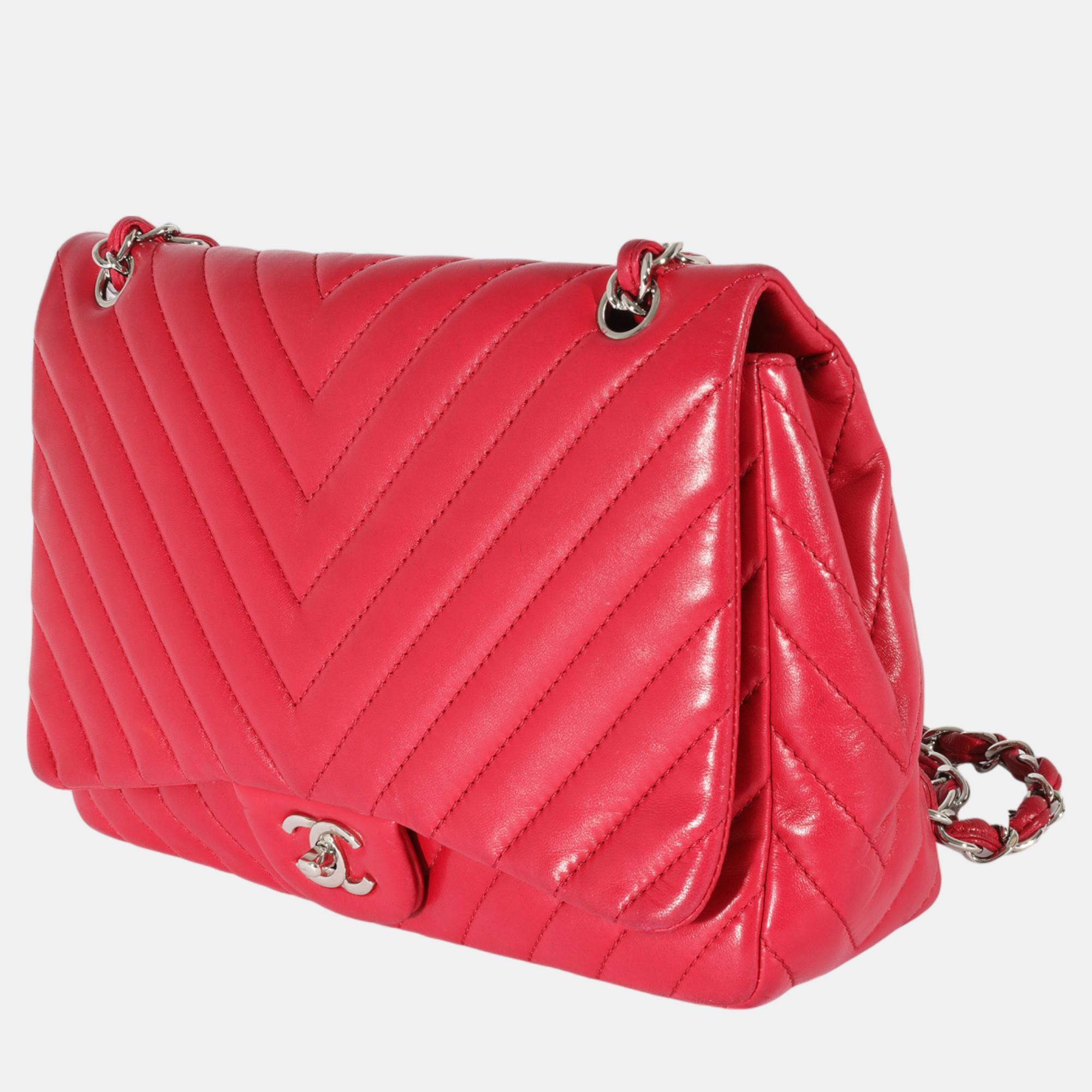 Chanel Pink Lambskin Chevron Jumbo Single Flap Bag