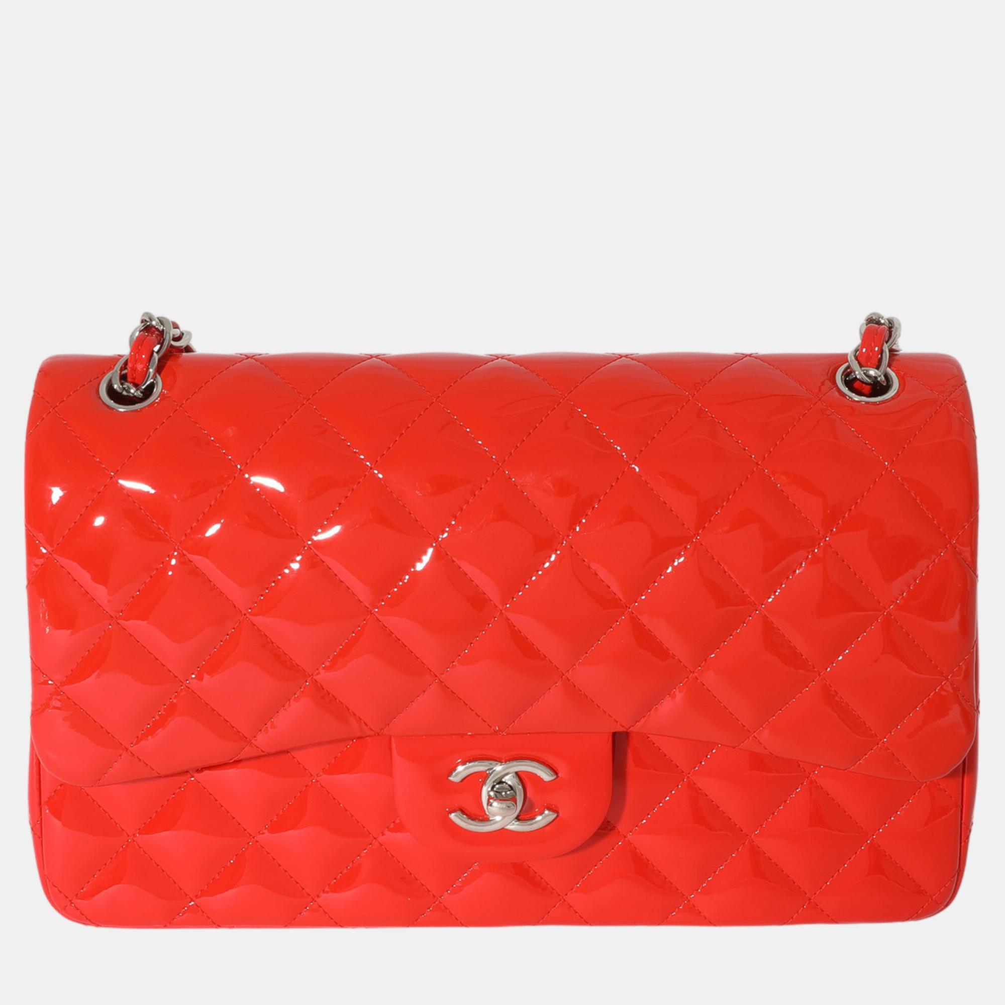 Chanel orange quilted patent leather jumbo double flap bag
