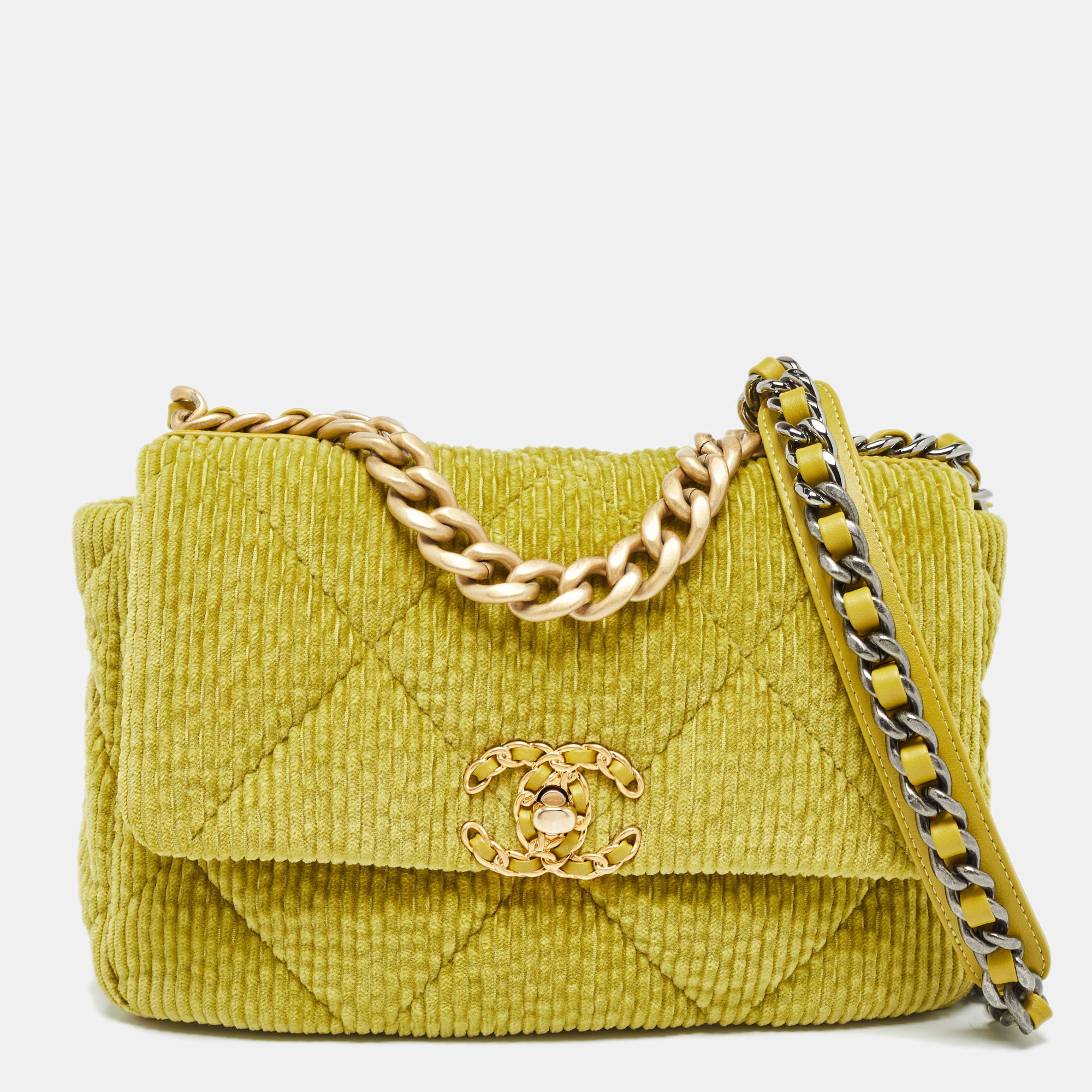 Chanel green quilted corduroy medium 19 flap bag