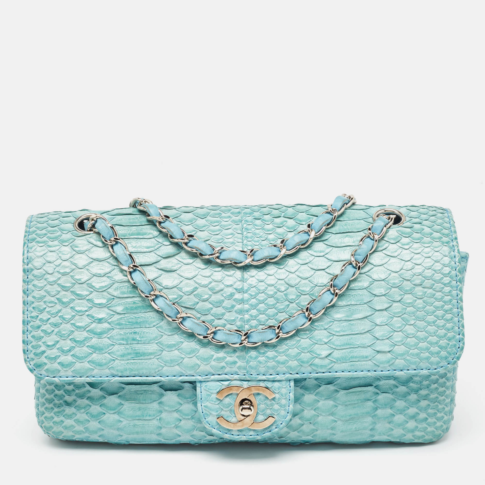 Chanel light blue python medium classic single flap bag