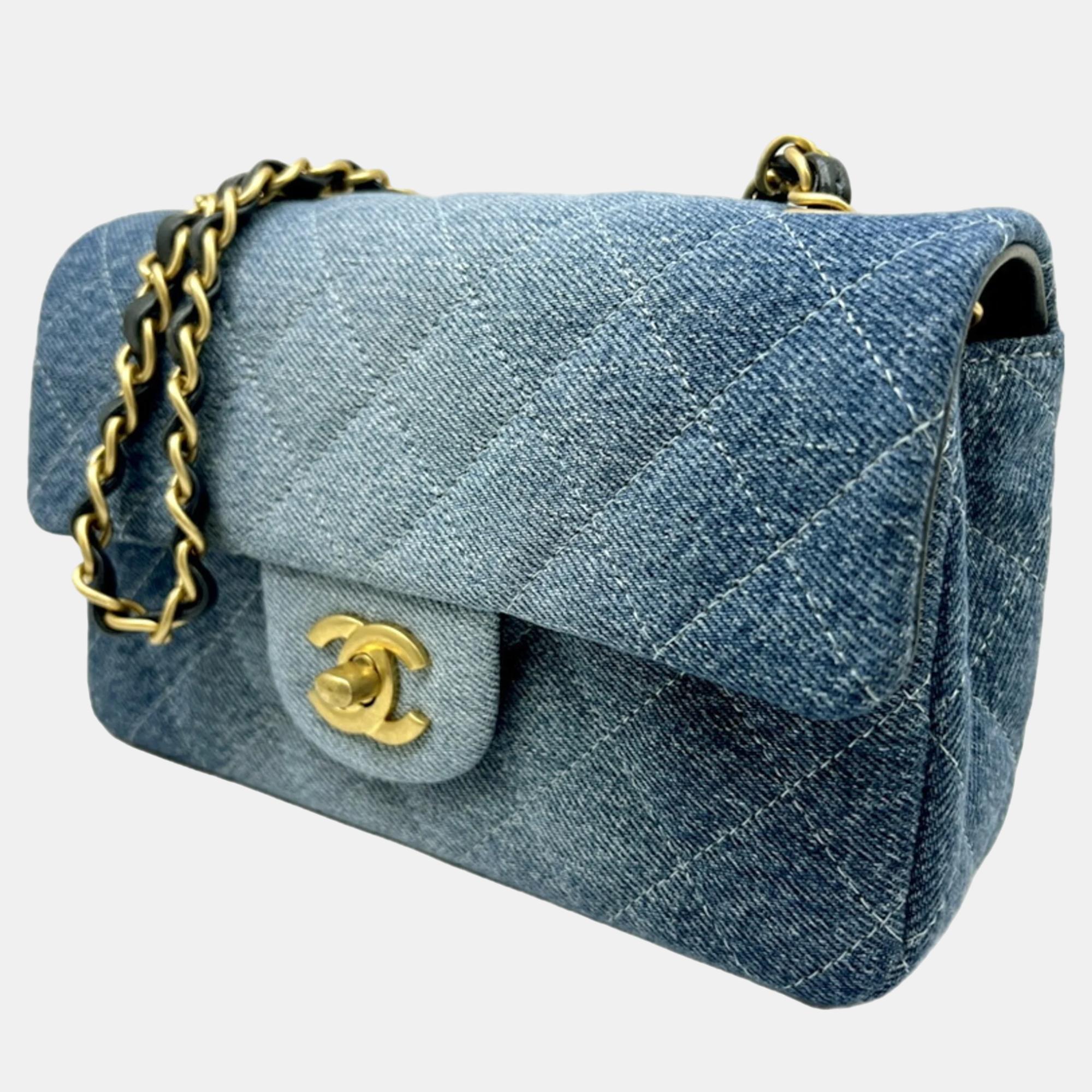 Chanel Blue Washed Denim Quilted Mini Rectangular Flap Bag