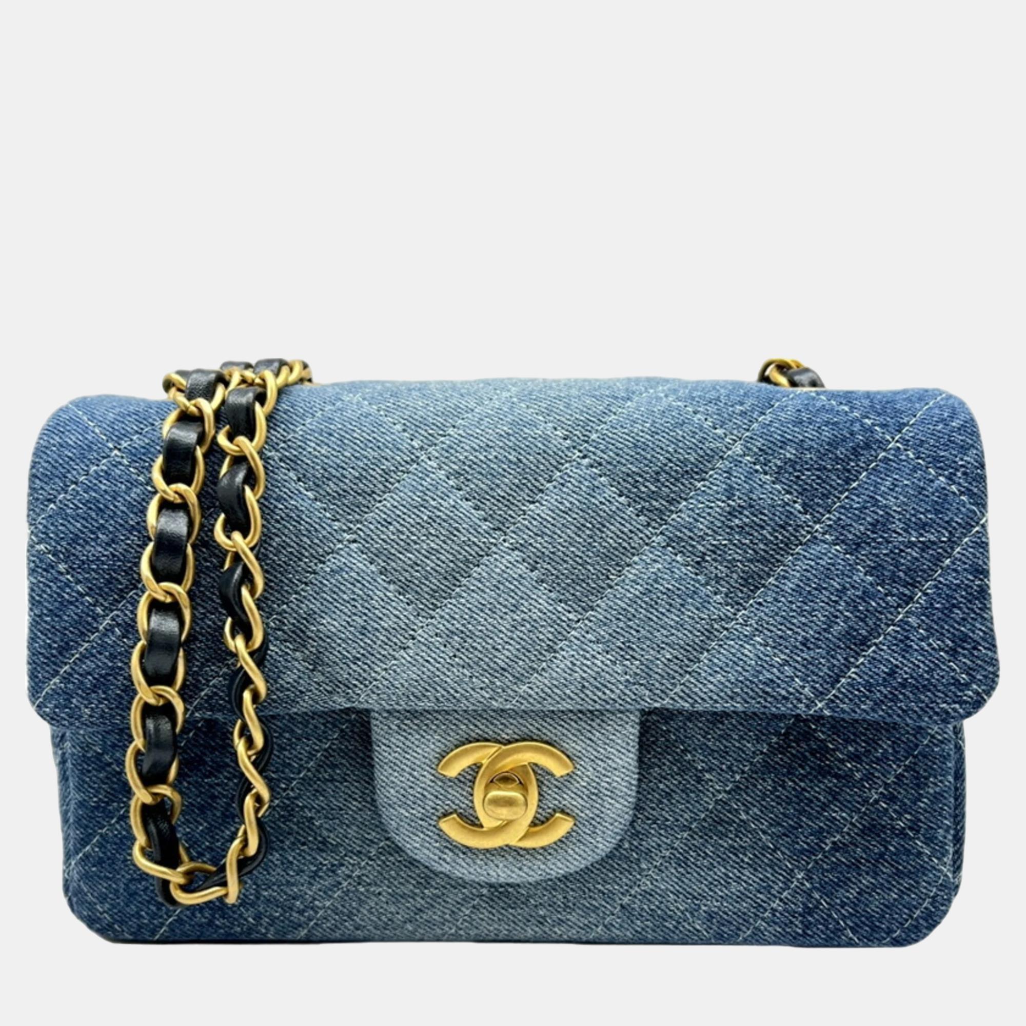 Chanel blue washed denim quilted mini rectangular flap bag