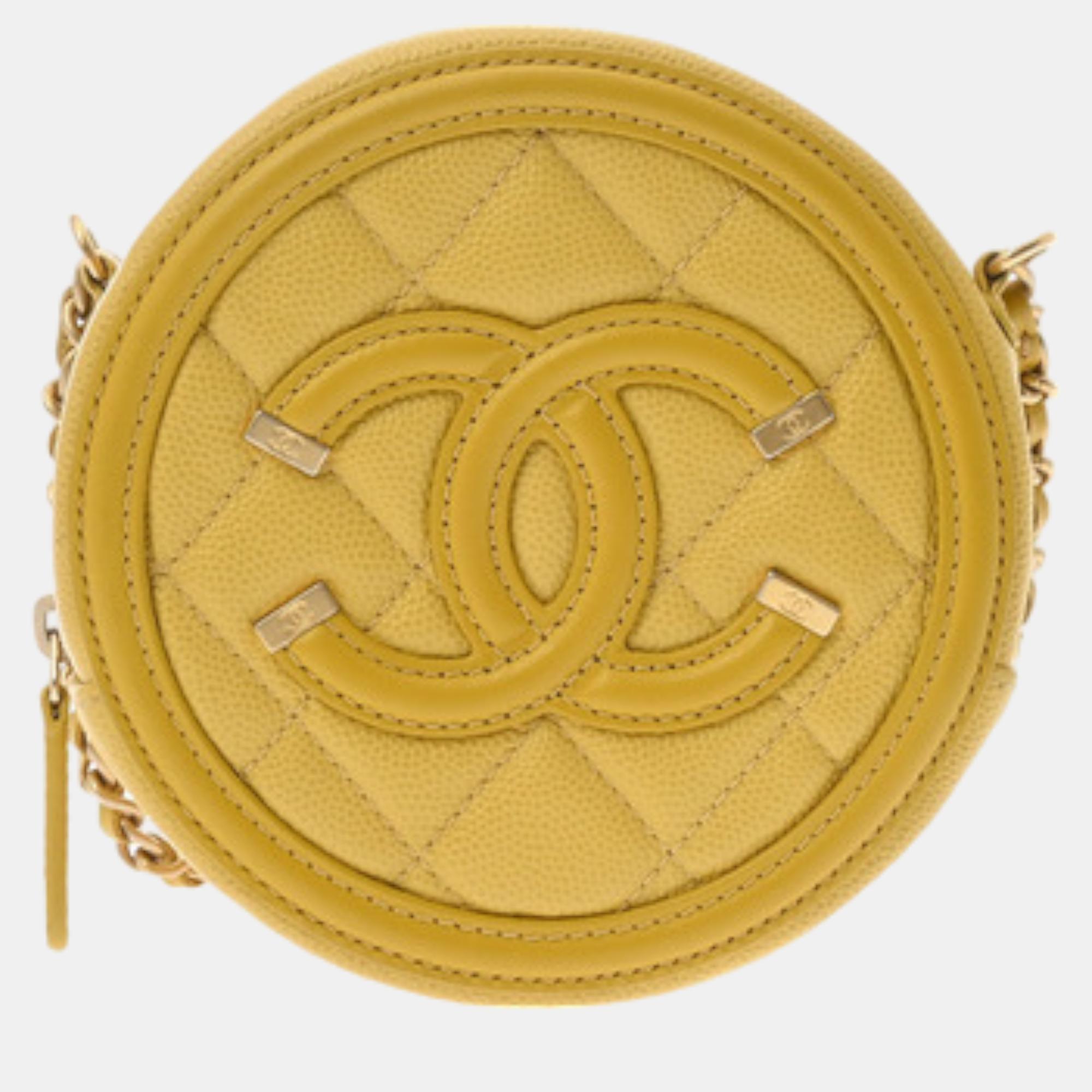 Chanel yellow quilted caviar mini filigree round clutch with chain