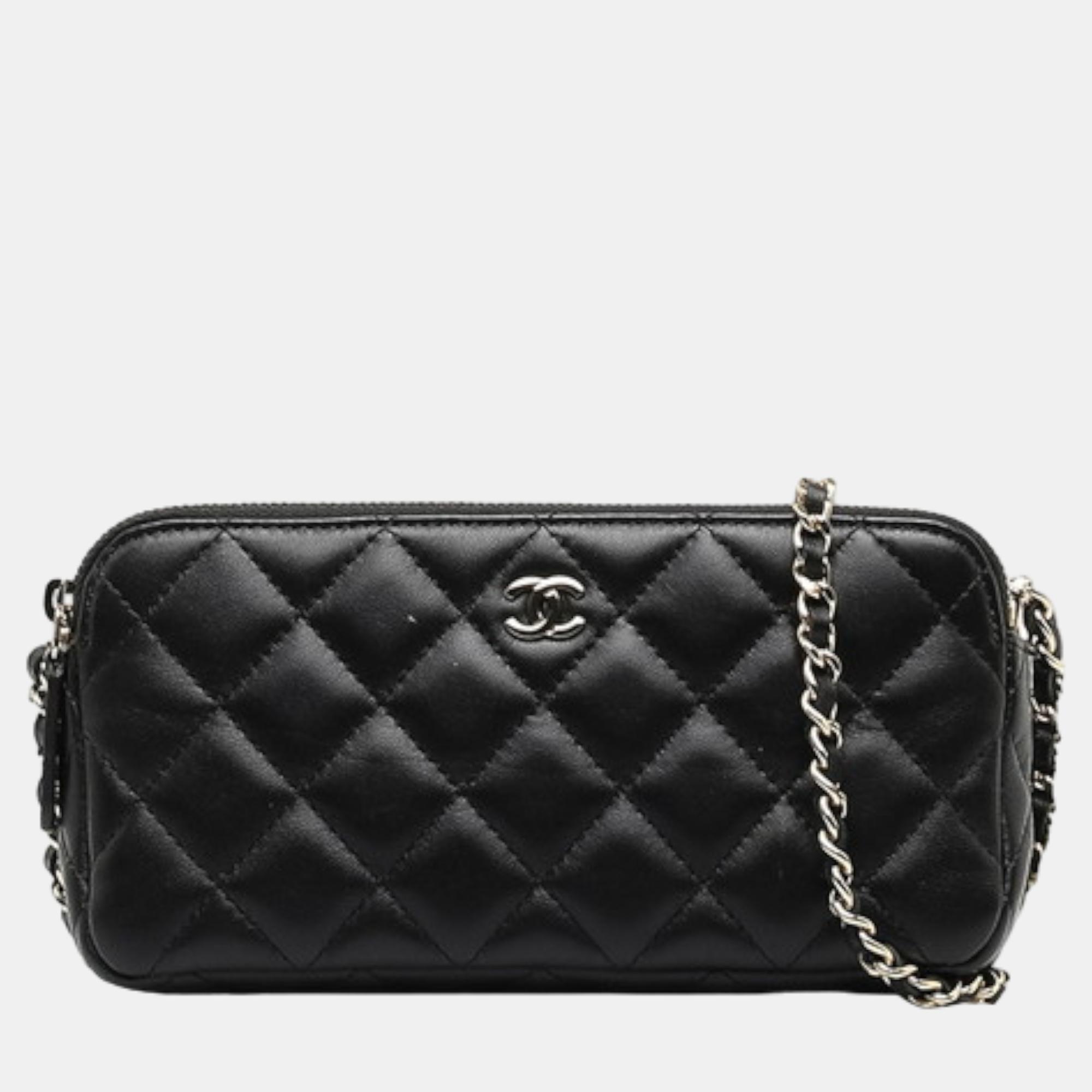Chanel black quilted double zip clutch w/ chain