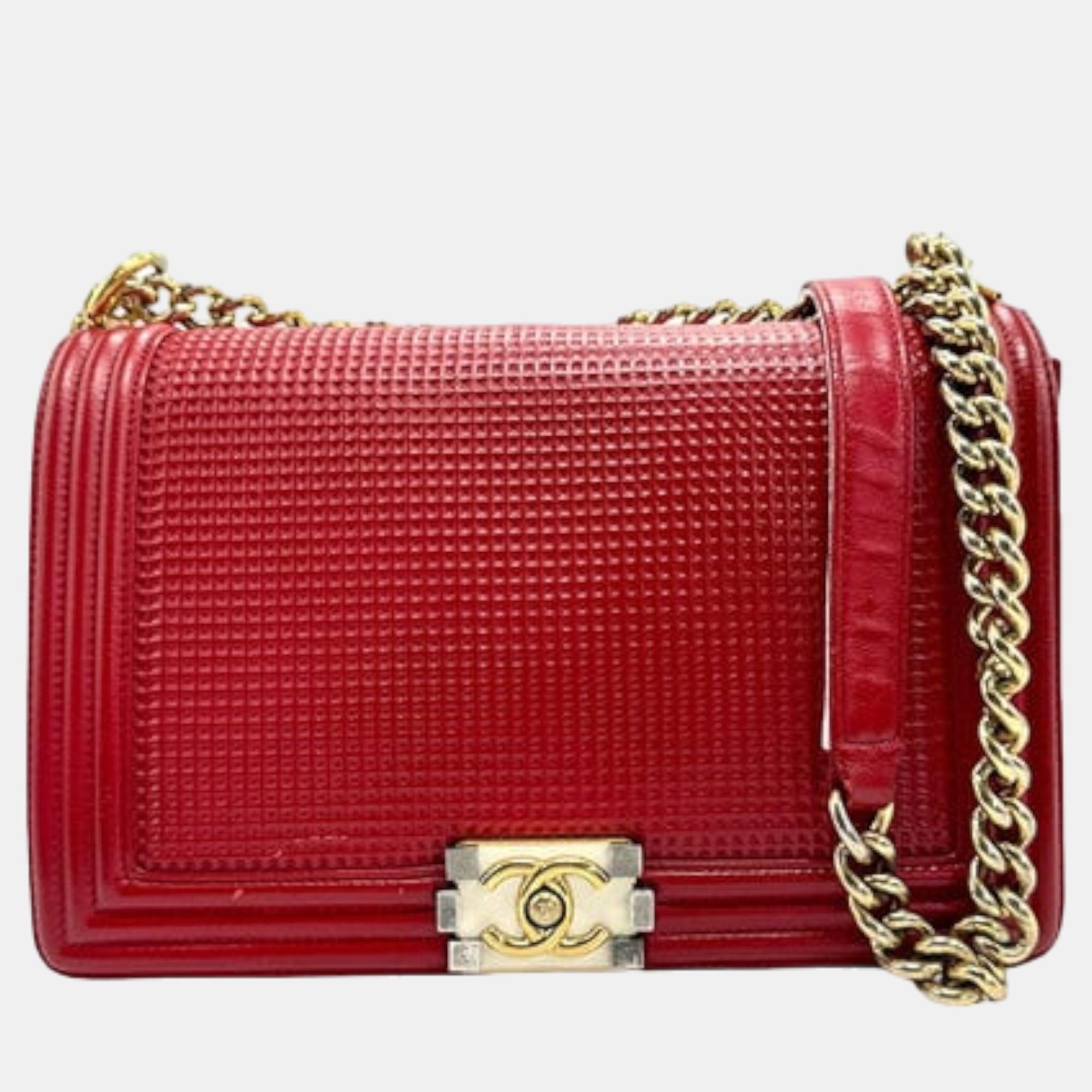 Chanel red cube leather  boy shoulder bags