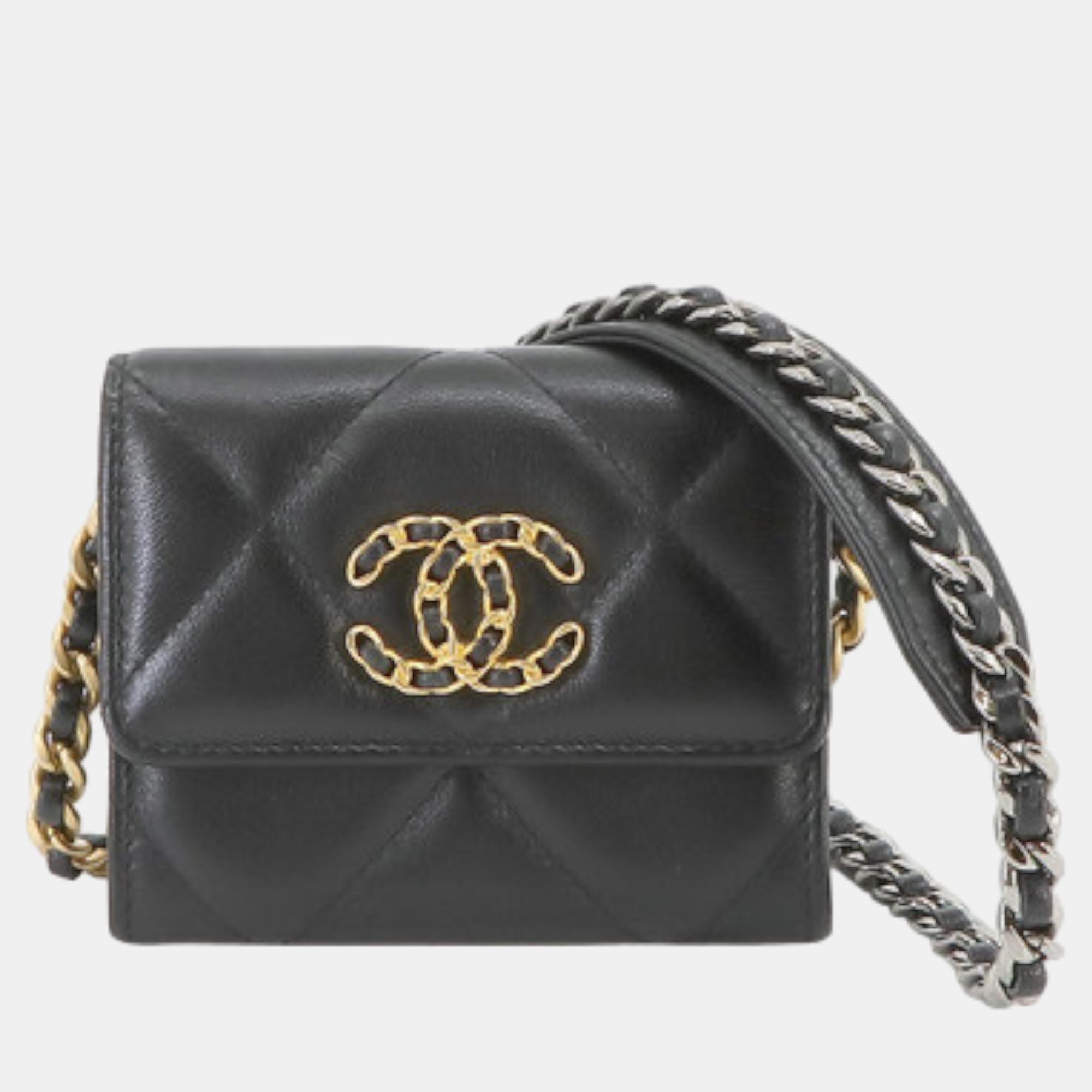 Chanel black quilted goatskin 19 flap coin purse with chain
