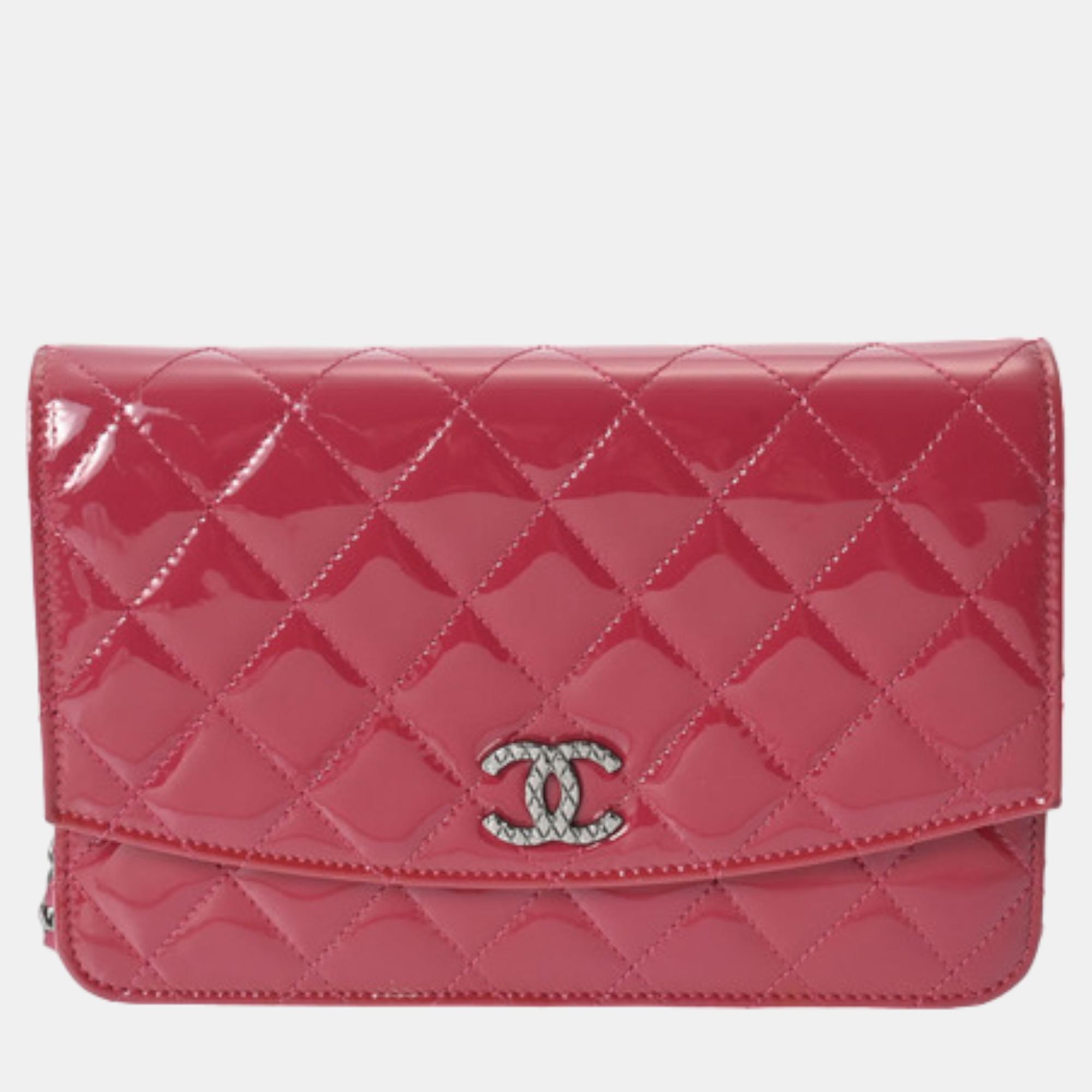 Chanel pink patent leather classic wallet on chain