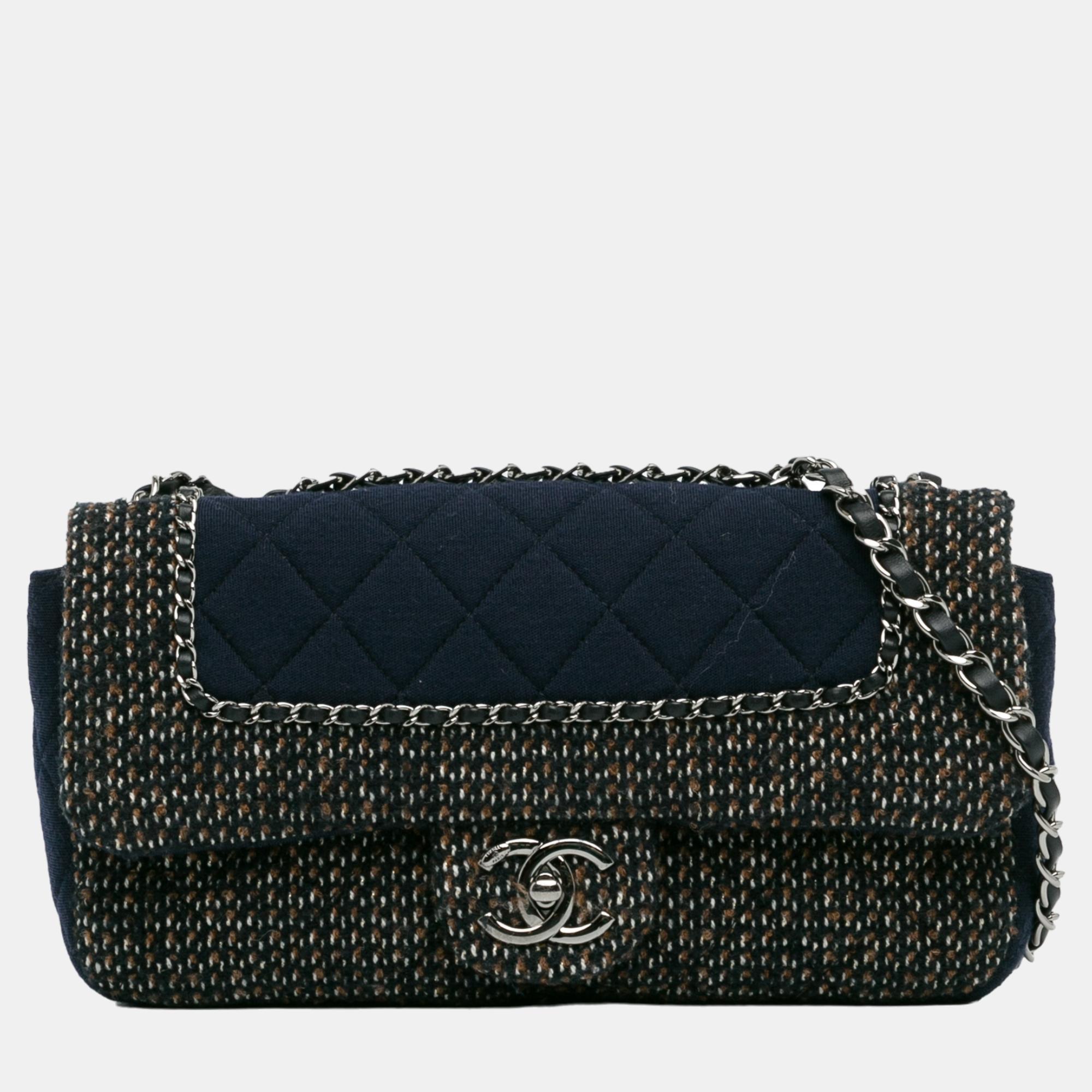 Chanel black small jersey tweed flap