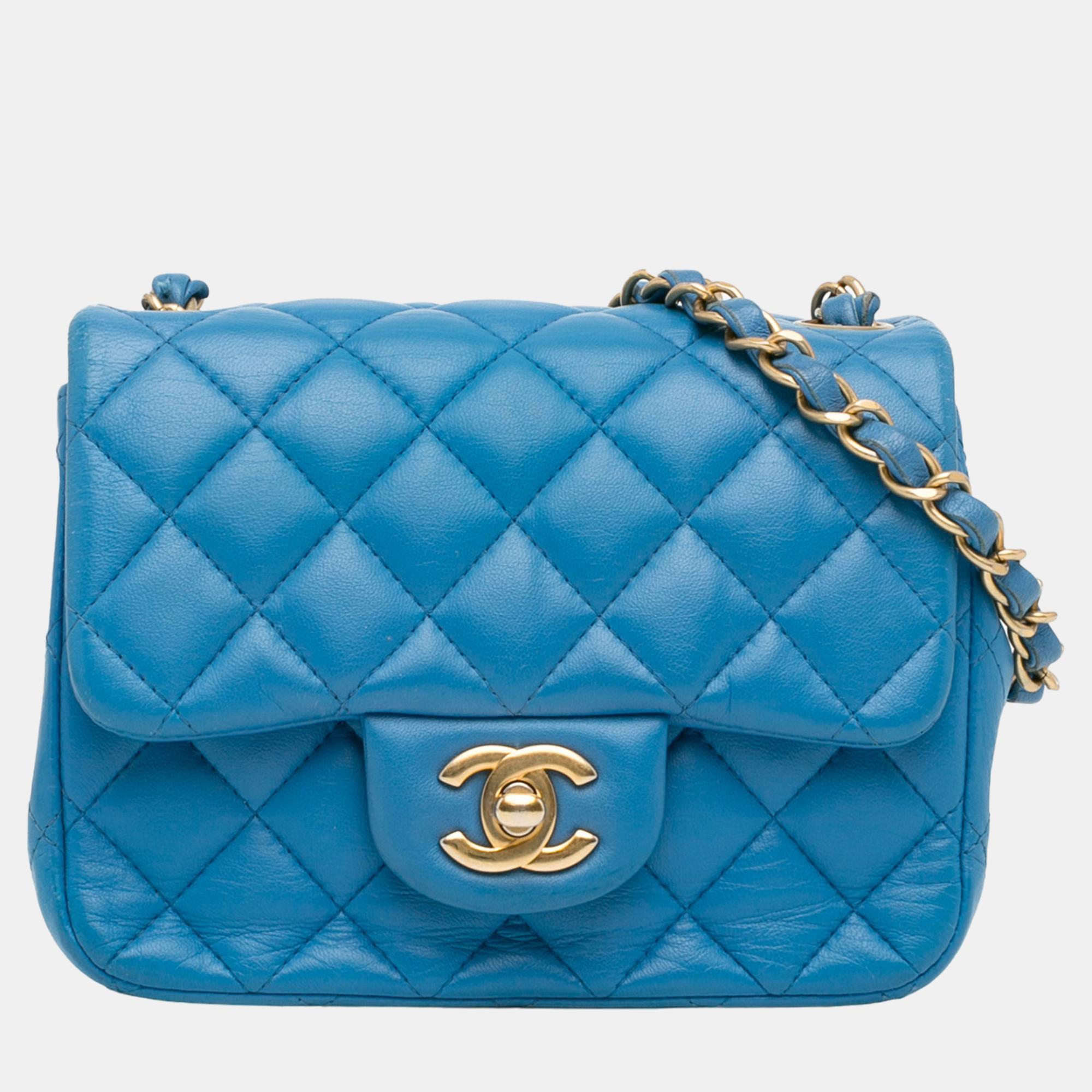 Chanel blue mini square classic lambskin single flap