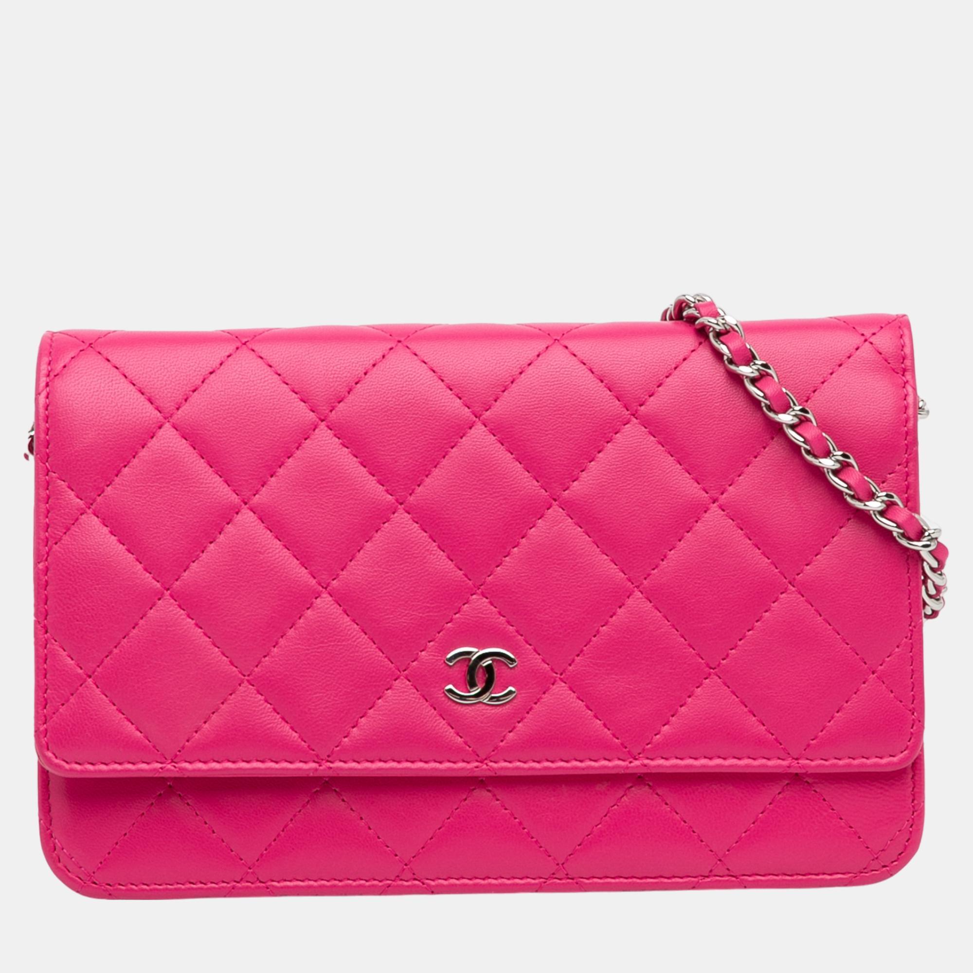 Chanel pink classic lambskin wallet on chain