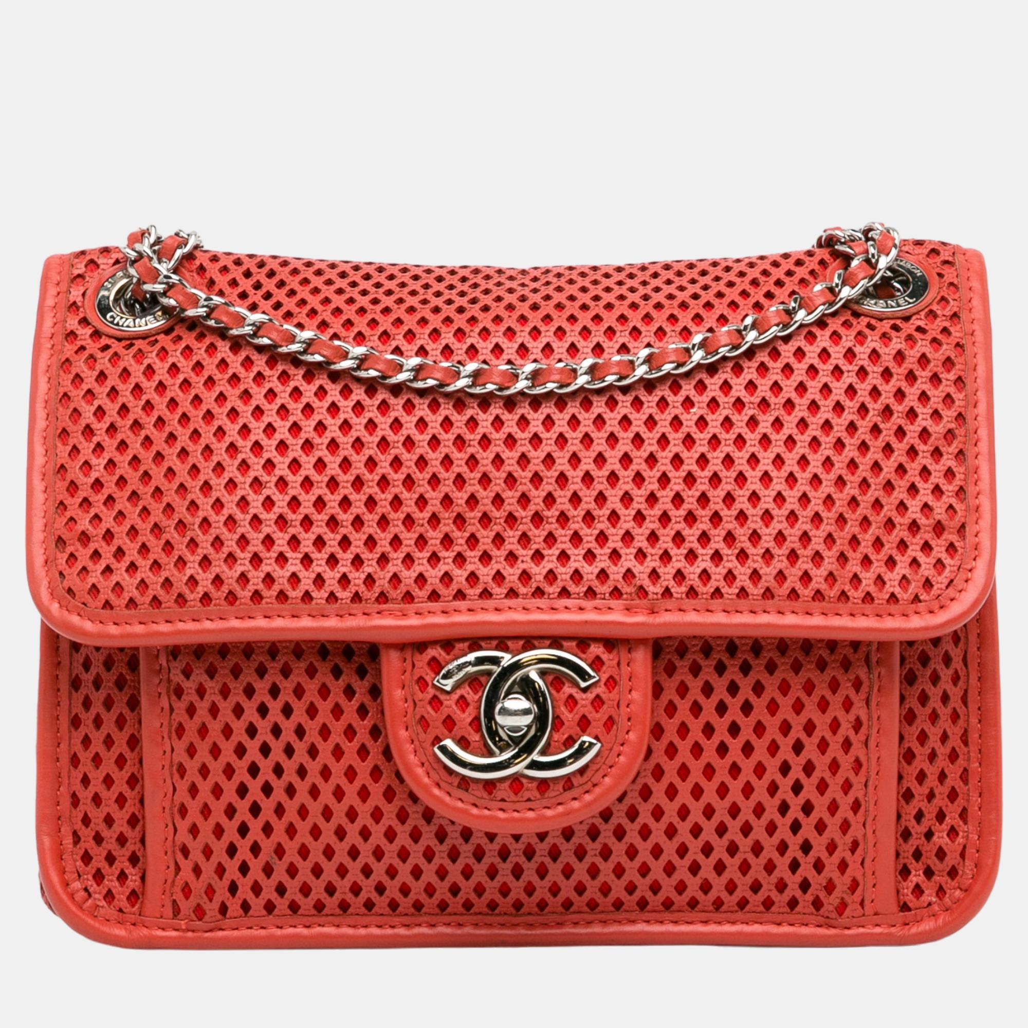 Chanel red small perforated calfskin up in the air flap