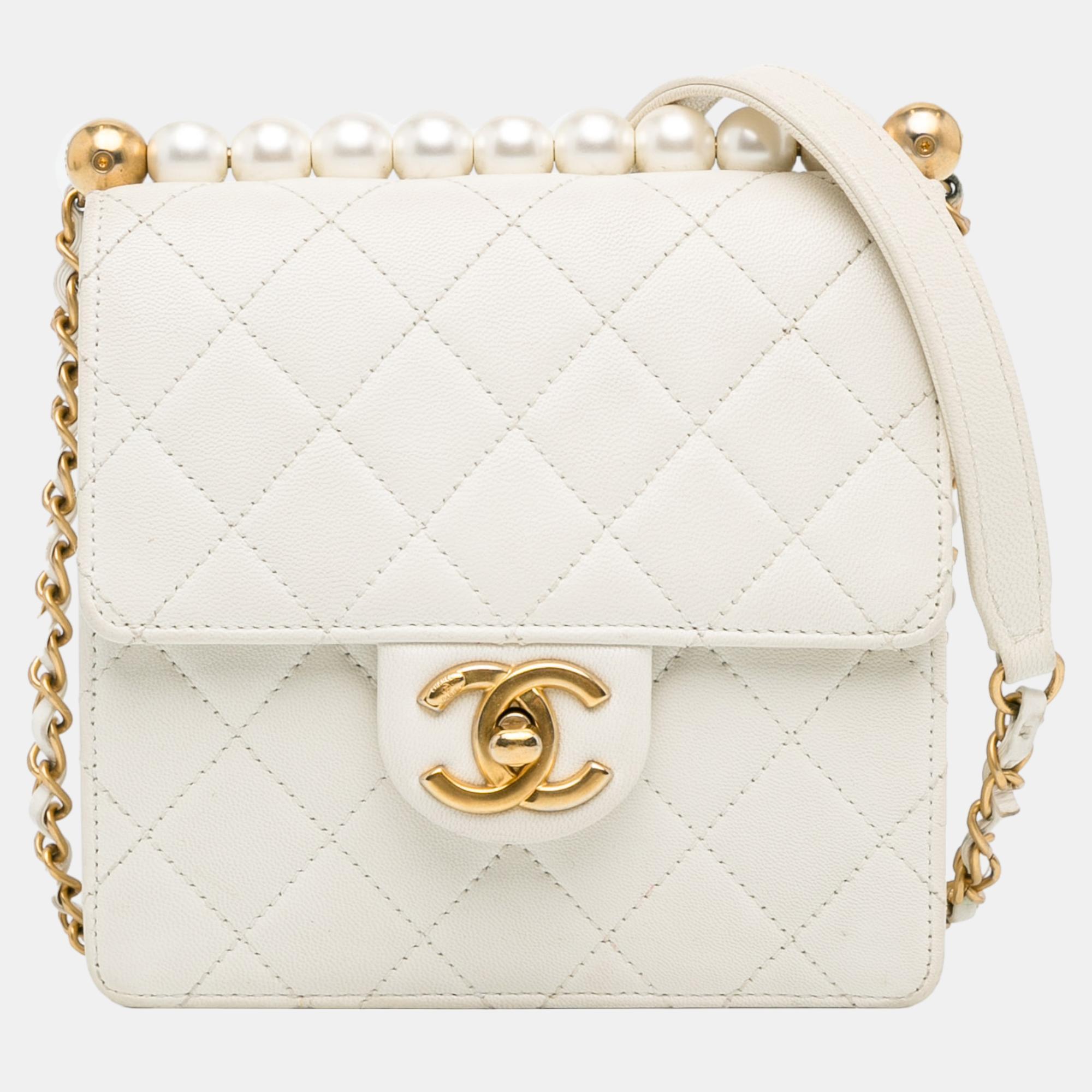 Chanel white small lambskin chic pearls flap