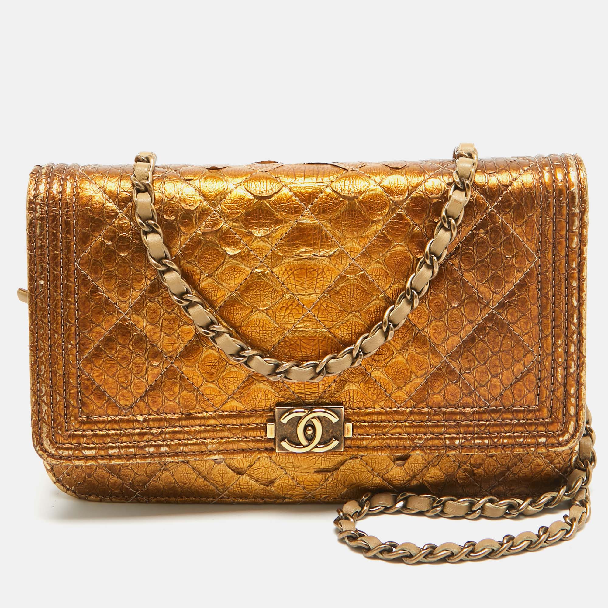 Chanel gold quilted python boy wallet on chain