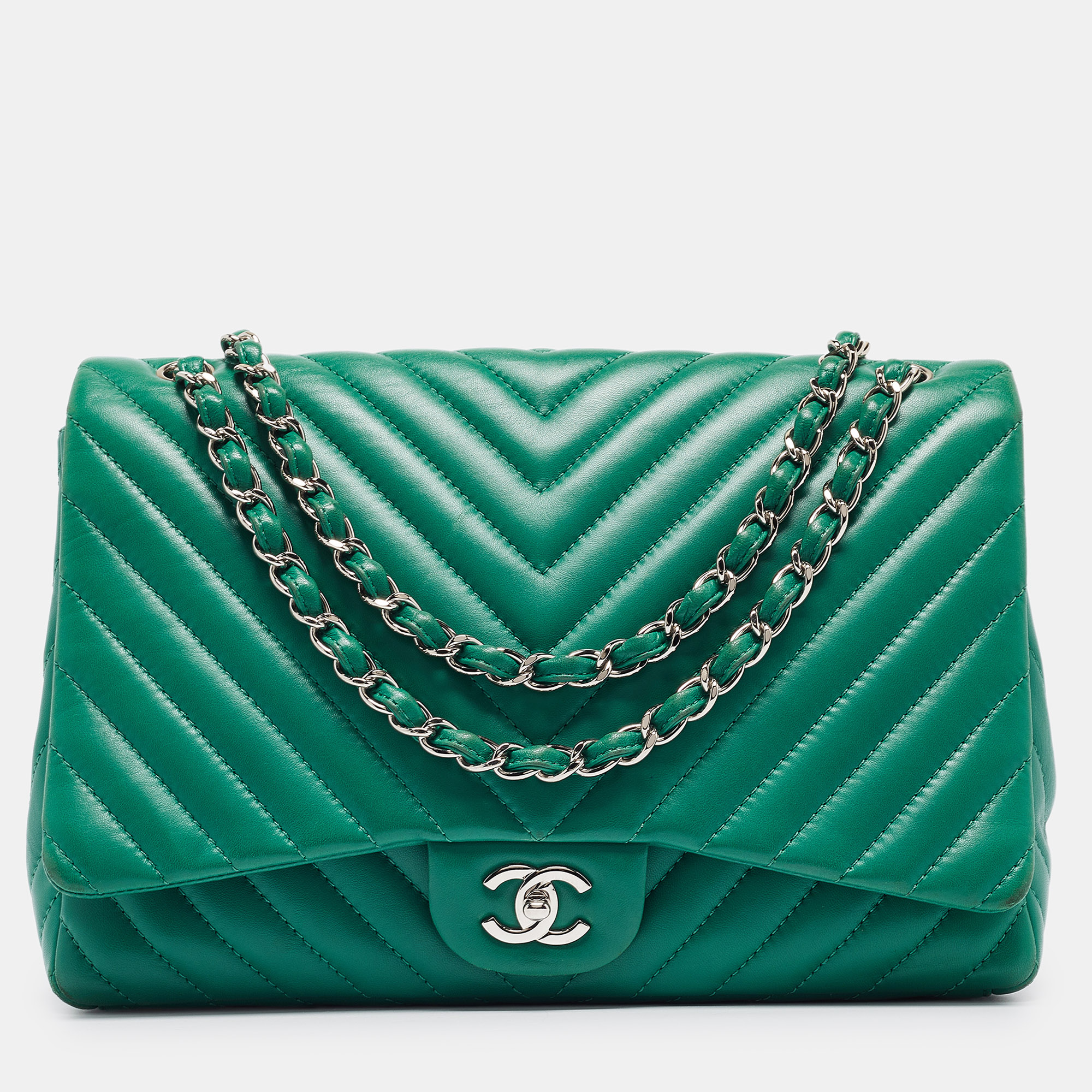 Chanel green chevron leather maxi classic single flap bag