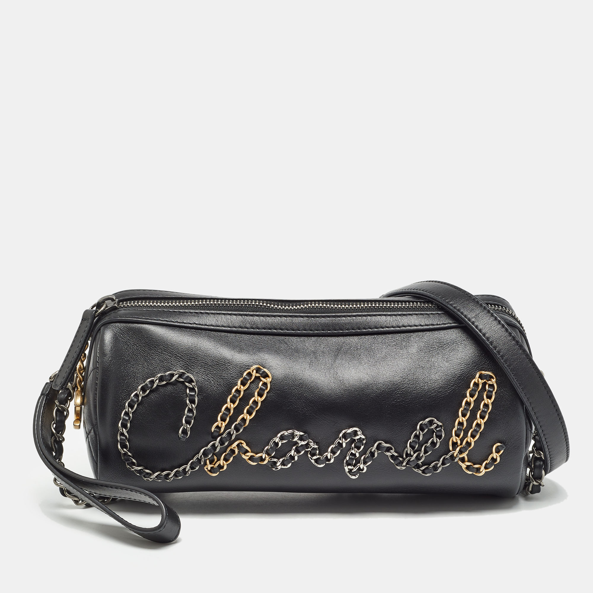 Chanel  black leather chain signature bowler bag