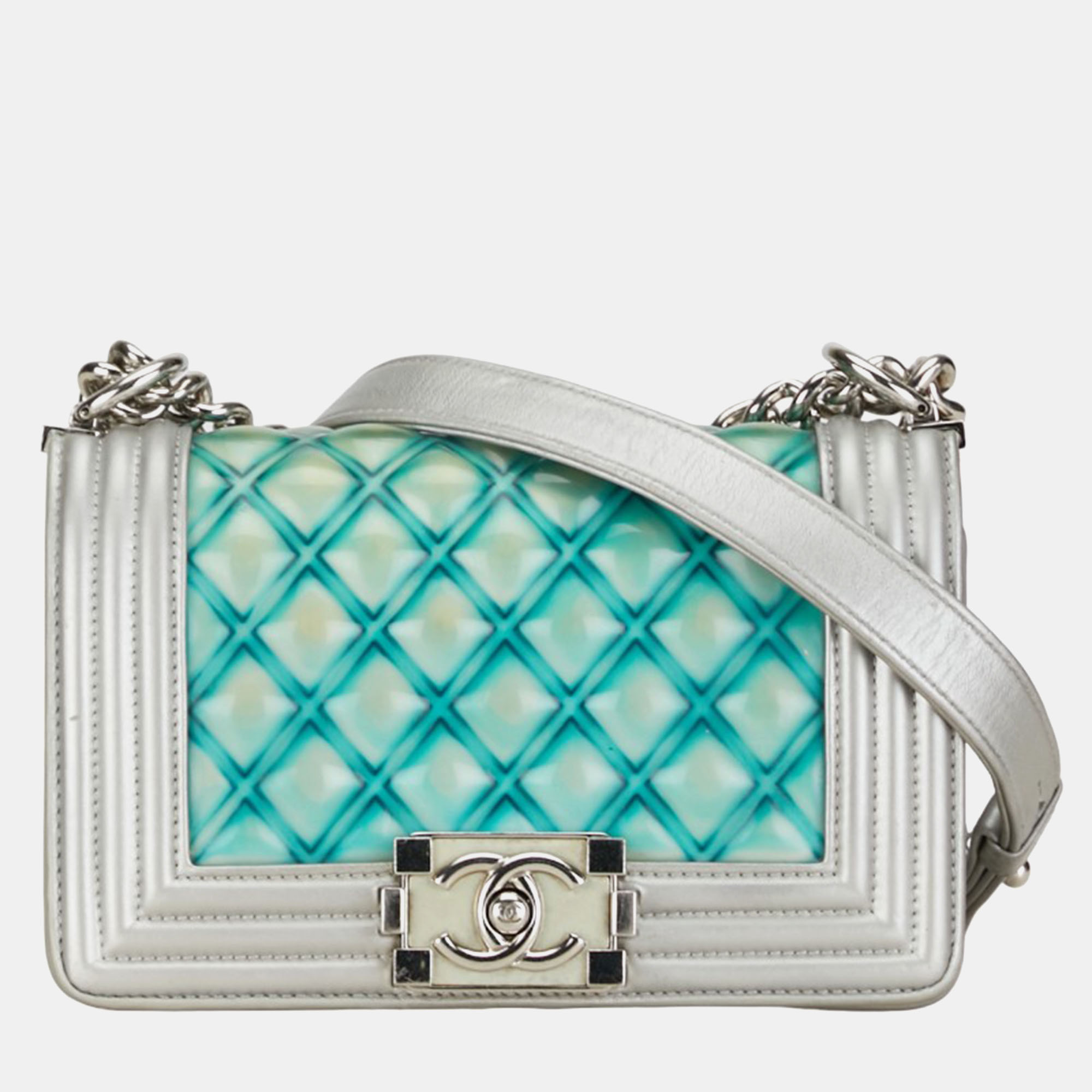 Chanel silver metallic leather classic small water boy bag