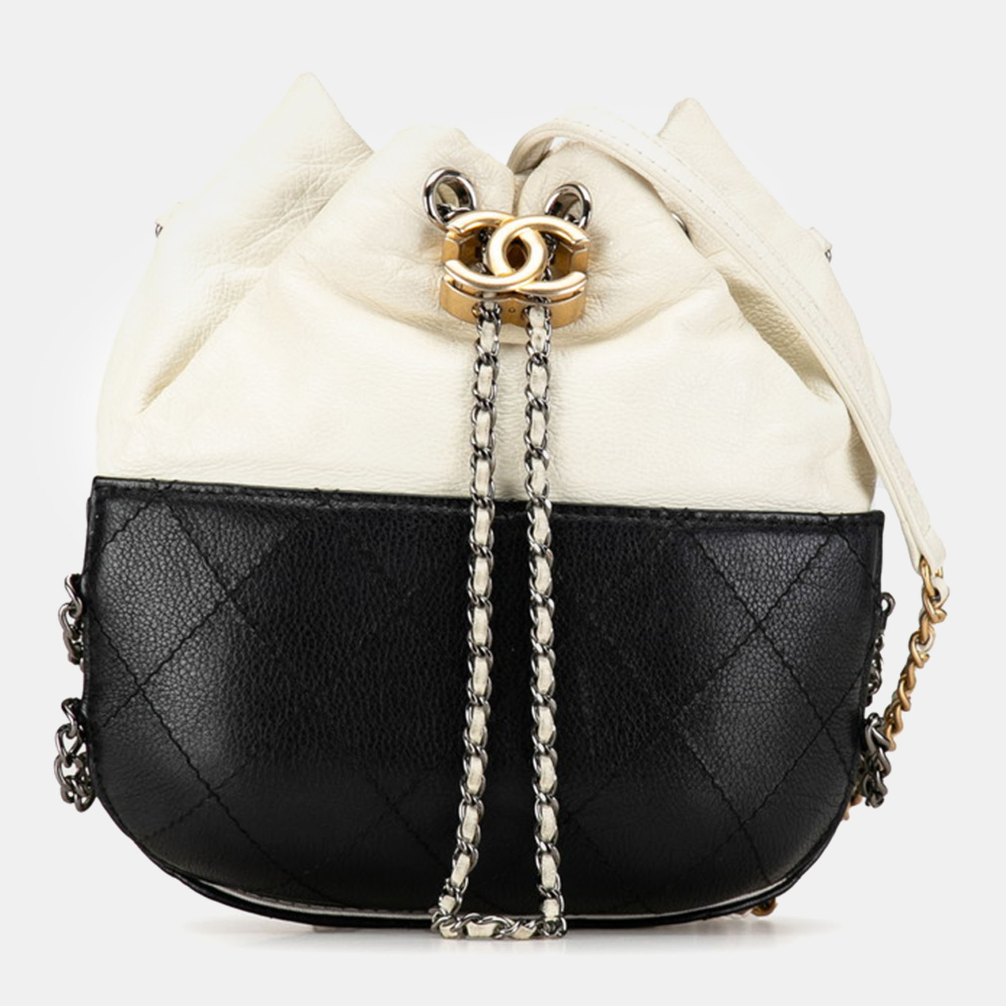 Chanel black/white leather drawstring gabrielle shoulder bags