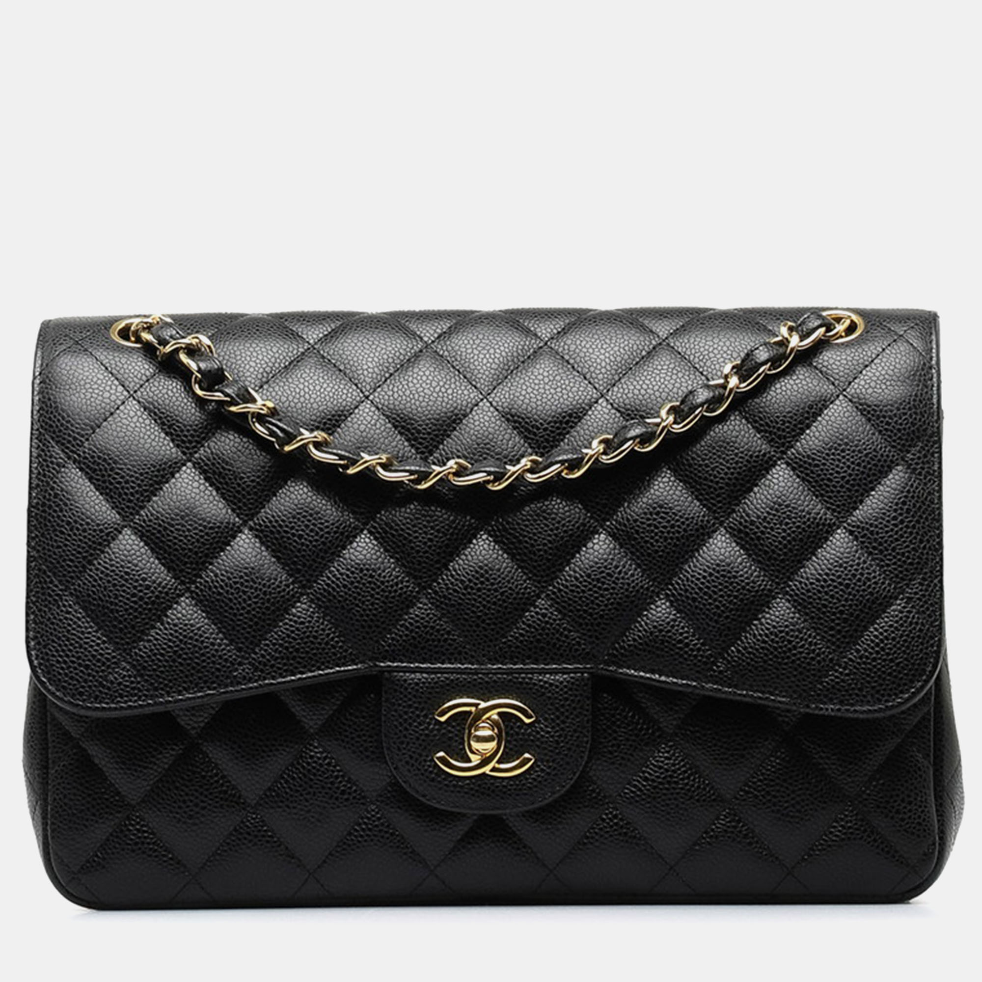 Chanel black caviar leather jumbo classic double flap shoulder bags