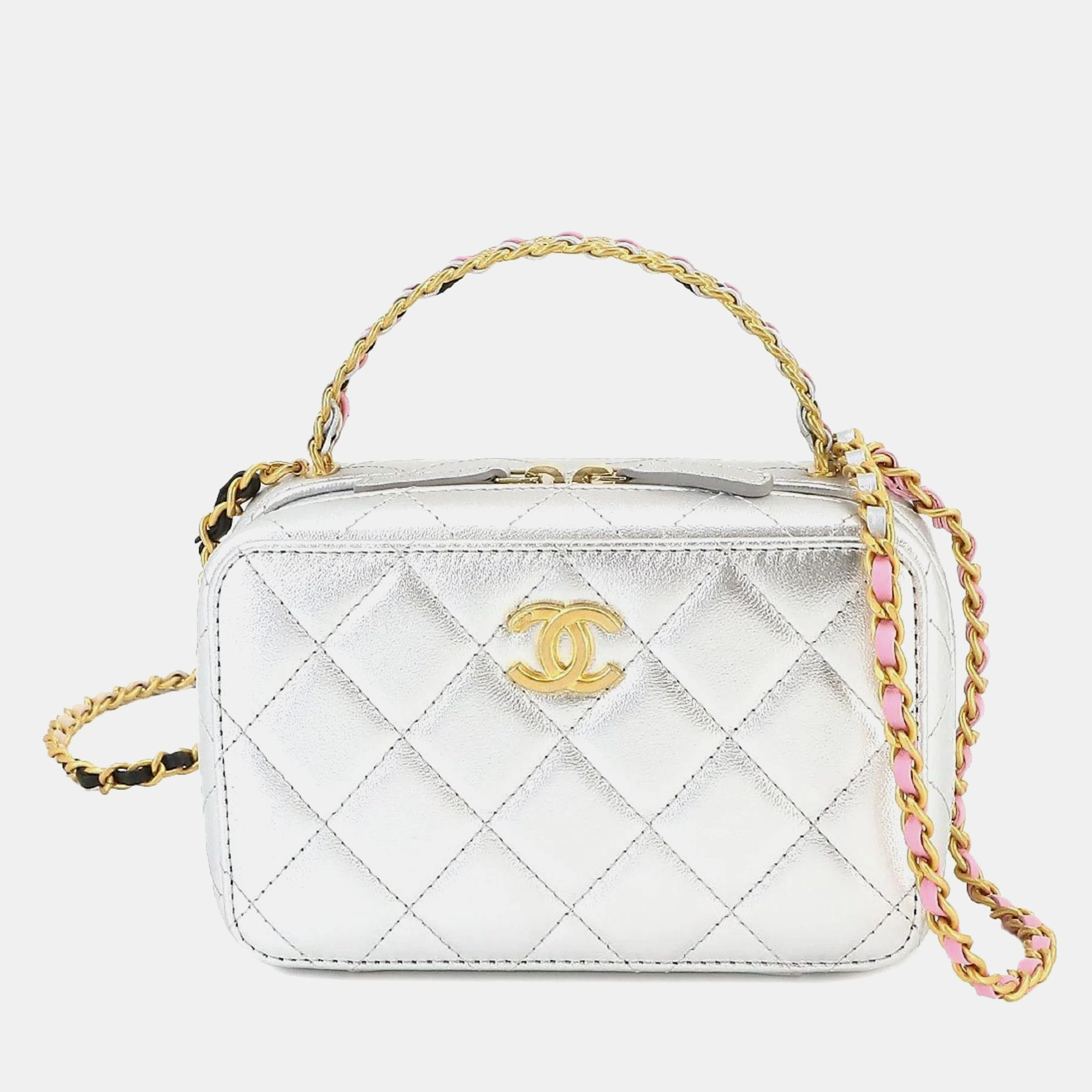 Chanel silver quilted lambskin top handle vanity case