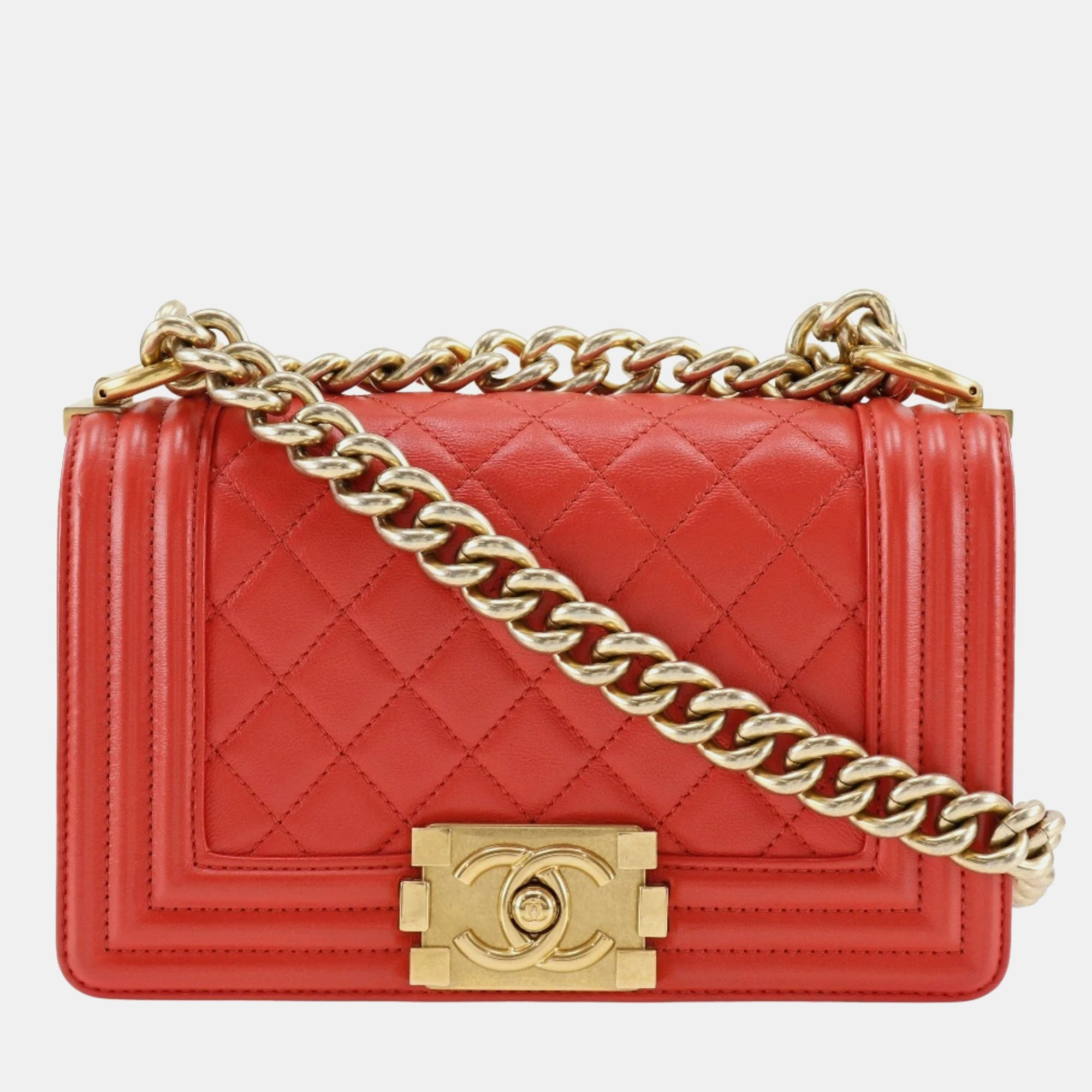 Chanel red leather small boy shoulder bag