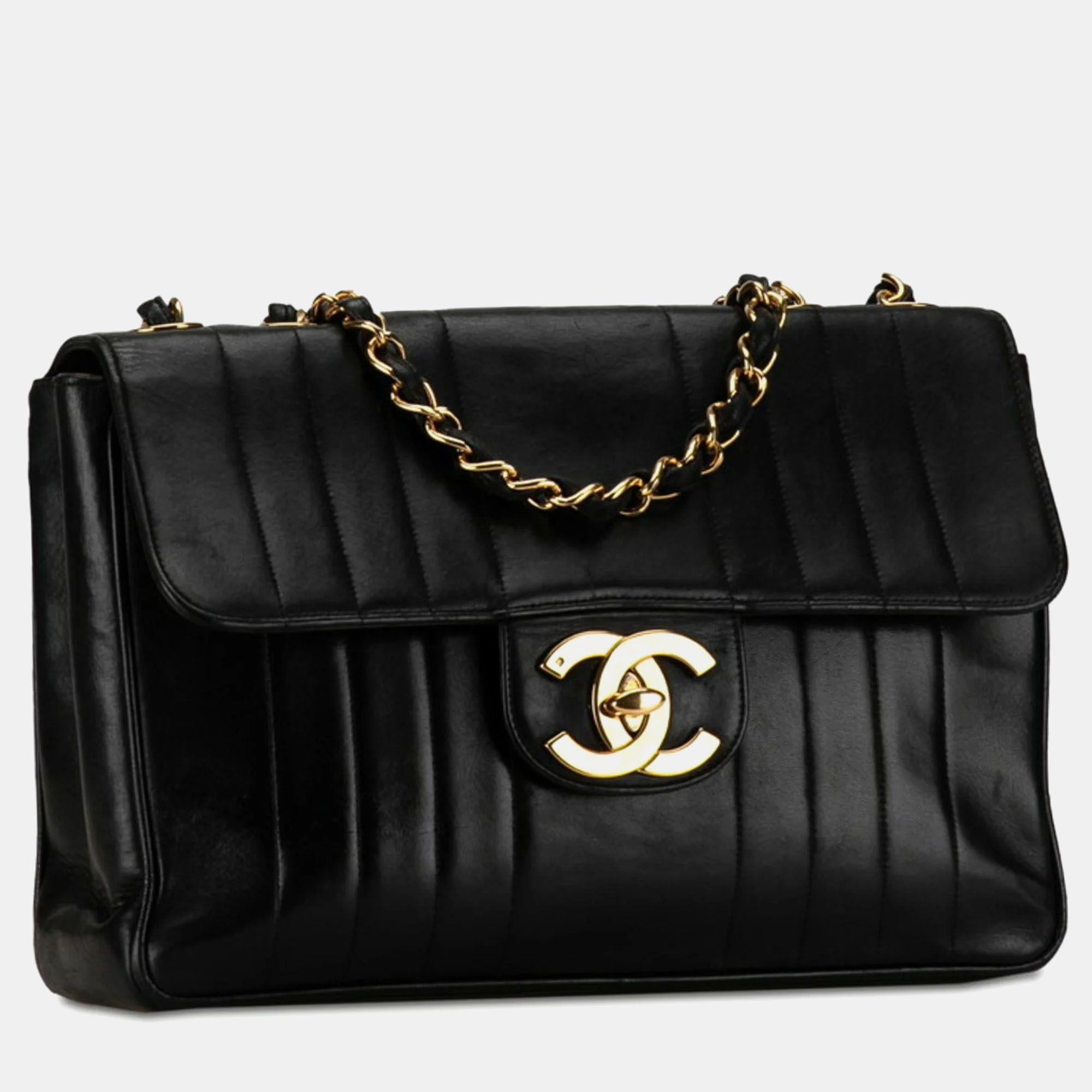 Chanel Black Vertical Quilted Leather Jumbo Classic Flap Shoulder Bag