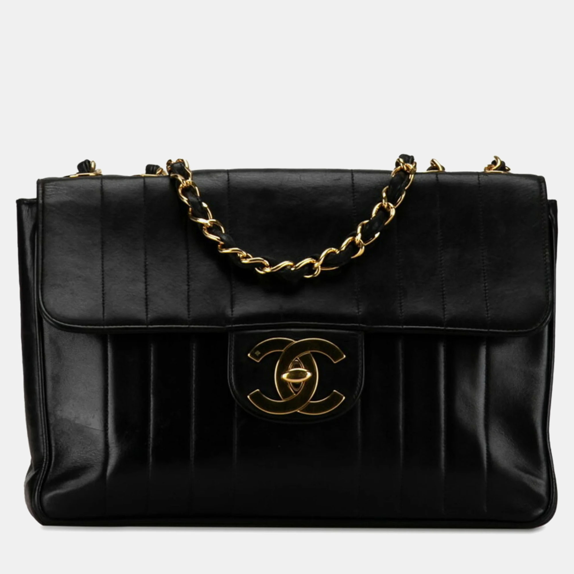Chanel black vertical quilted leather jumbo classic flap shoulder bag