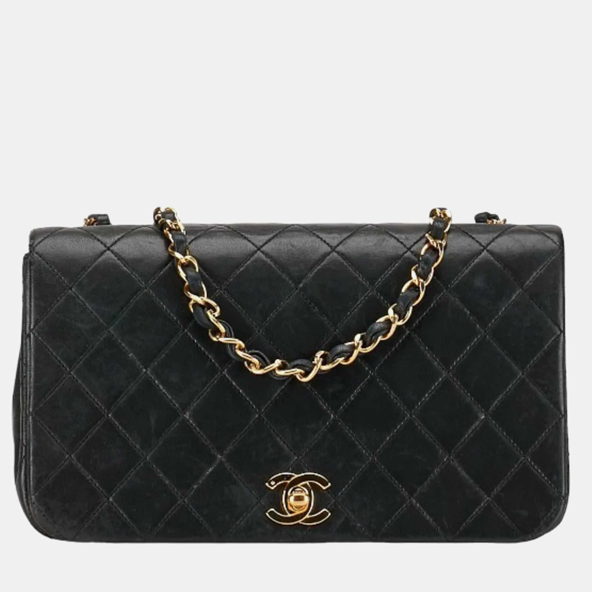 Chanel black leather full flap shoulder bag