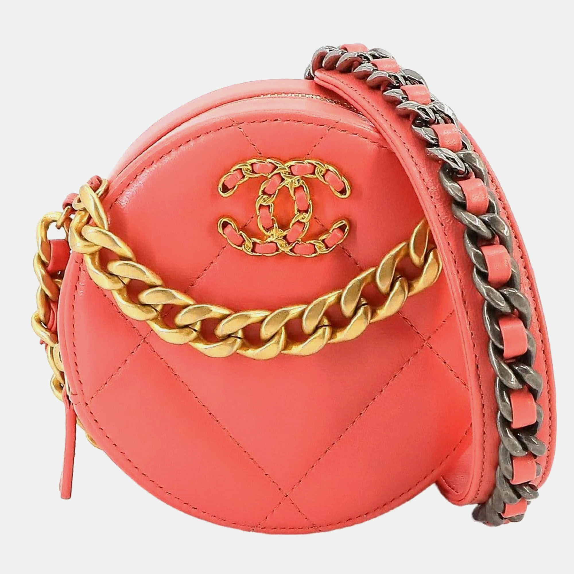 Chanel peach quilted leather 19 round clutch with chain