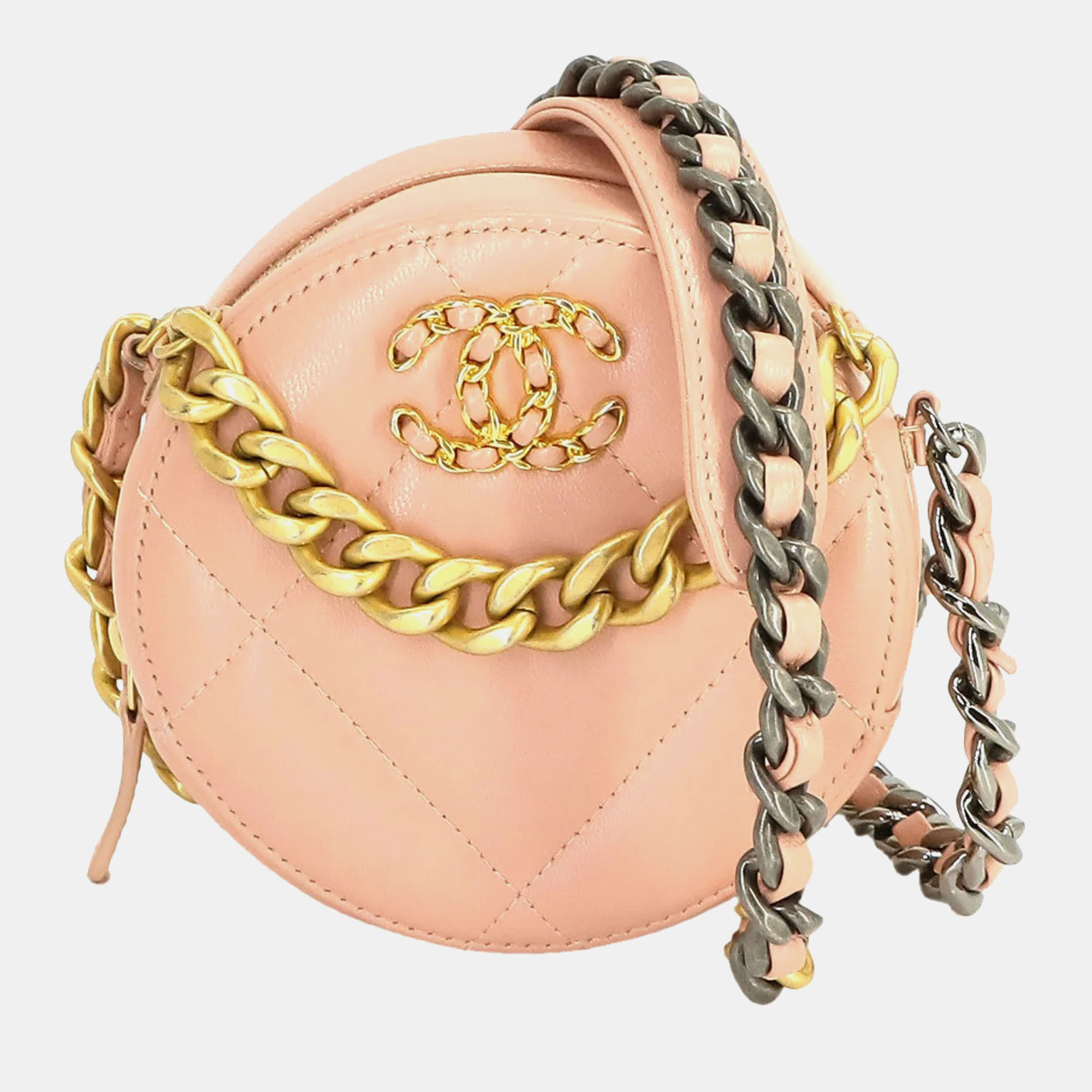 Chanel pink leather quilted 19 clutch with chain